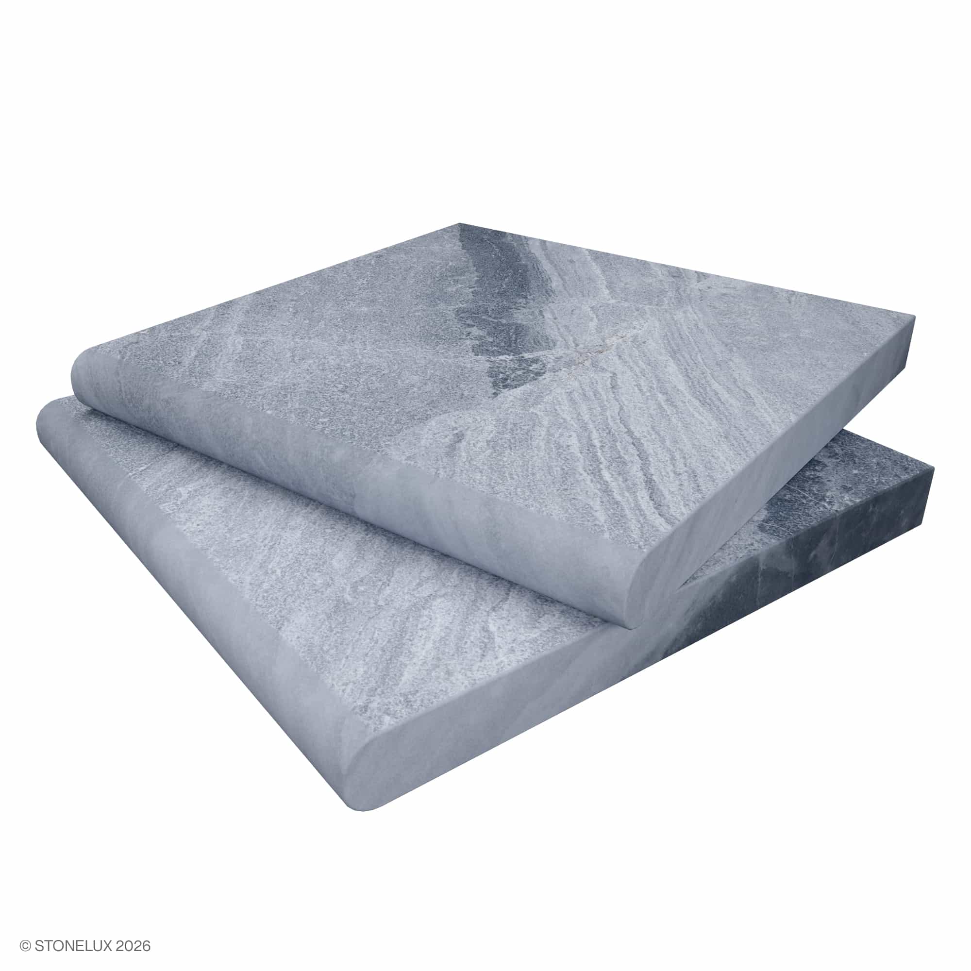 Close-up of Aegean Grey Marble Sand Blasted 12x12x3CM Single Bullnose Coping. The marble features a textured sandblasted surface with subtle grey veining, ideal for pool edges or steps. Perfect for elegant hardscape projects.