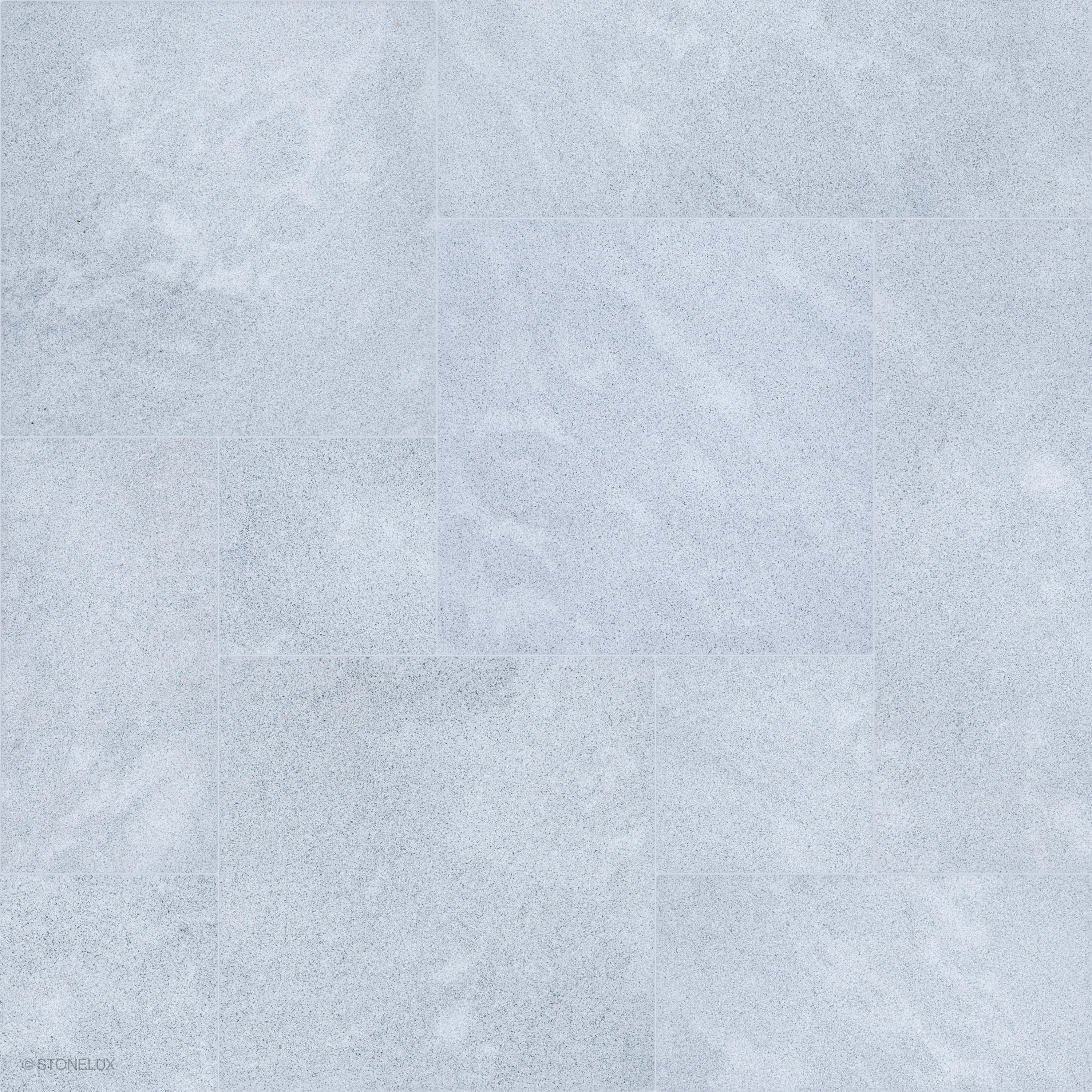 Product view of Afyon Grey Marble Sand Blasted French Pattern 3cm Paver, showing a light cool-grey marble surface with fine blue-grey speckling, soft cloudy movement, and its textured finish.
