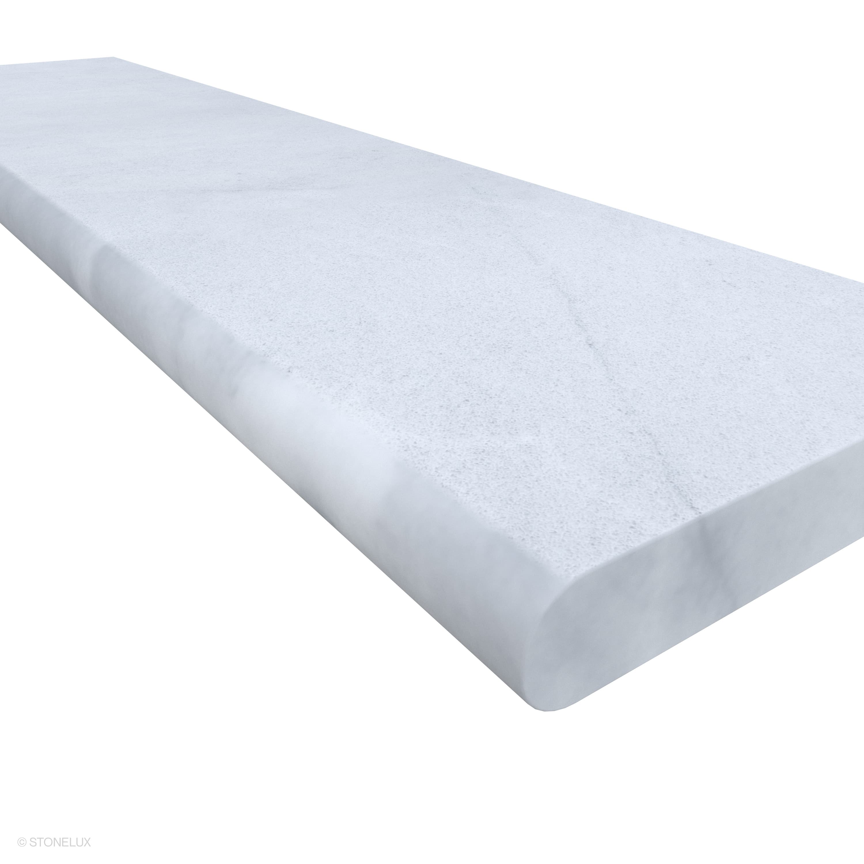 Close-up of Afyon White Marble Sand Blasted 12x48x2 Single Bullnose Coping. Features a smooth, sandblasted surface with subtle veining. Ideal for pool edges or wall caps, this marble coping offers a sleek, modern finish for luxury hardscape projects.