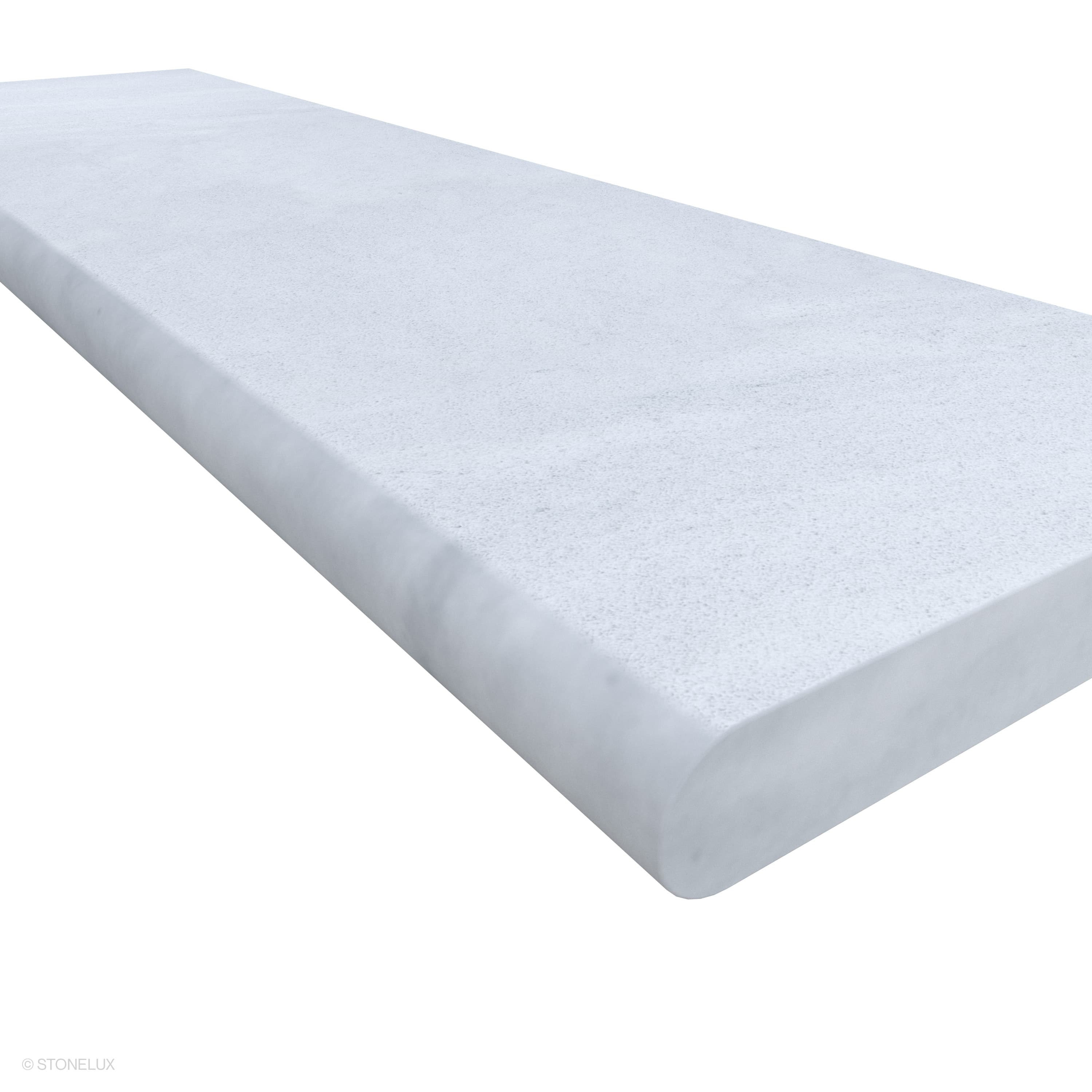Afyon White Marble Sand Blasted 14x48x2 Single Bullnose Coping showcases a smooth sandblasted finish with subtle veining. Ideal for pool edges, its elegant white marble complements modern hardscape designs, offering durability and a refined aesthetic.