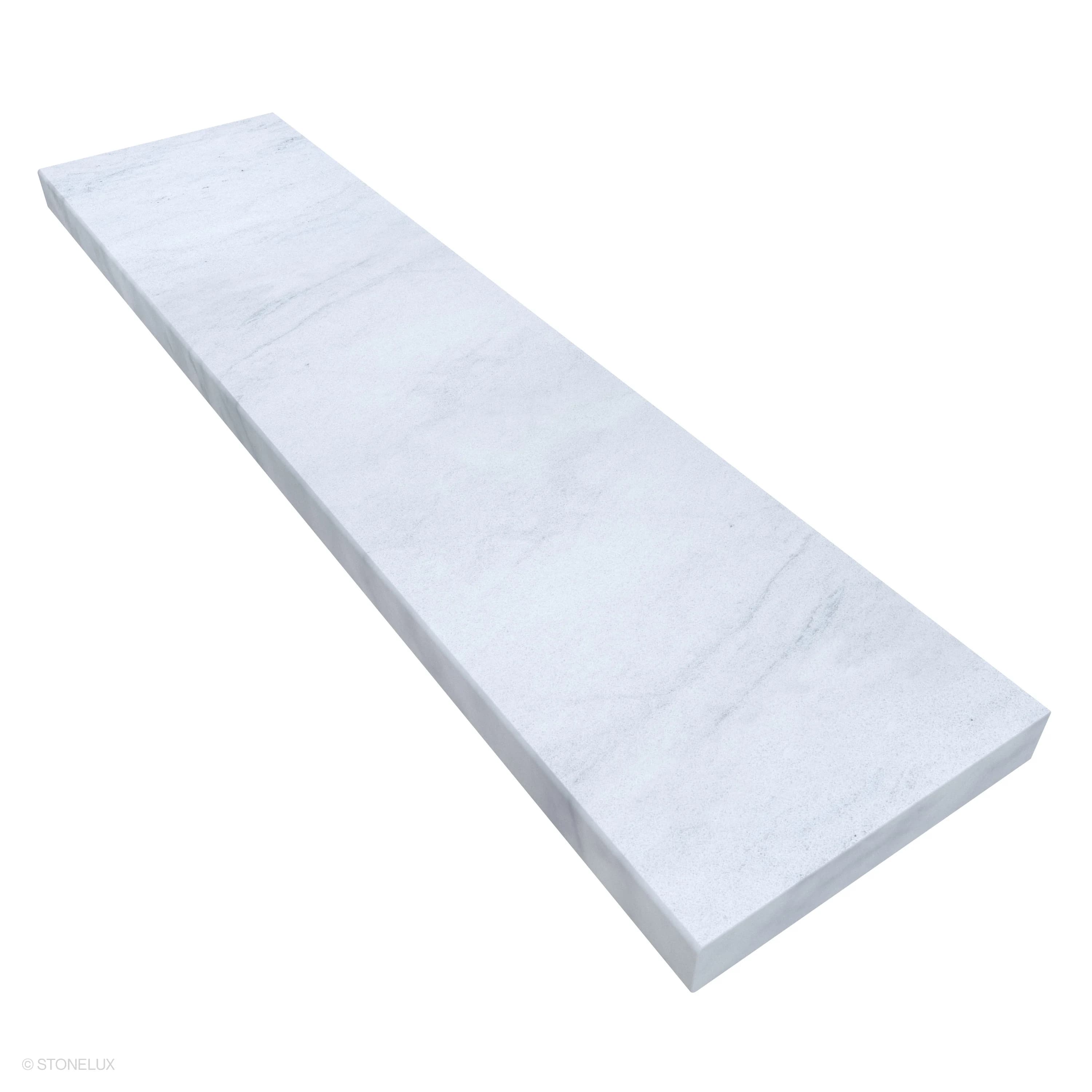 Close-up of the STONELUX Afyon White Marble Sand Blasted 12x48x2 Eased Edge Coping, showcasing its smooth, sandblasted finish and subtle white veining. The marble piece features an eased edge profile, ideal for pool coping and modern hardscape designs.