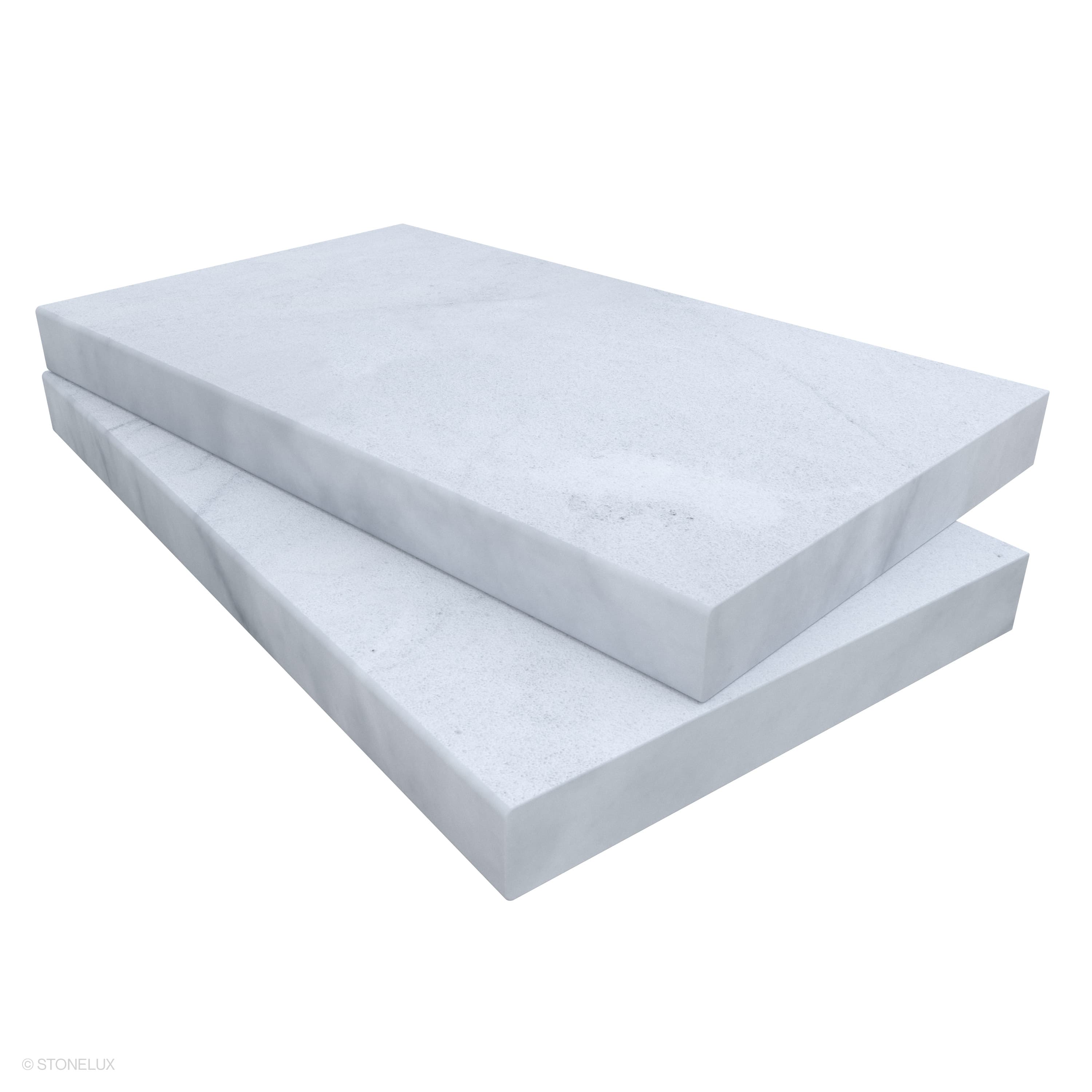 Close-up of the Afyon White Marble Sand Blasted 14x24x2 Eased Edge Coping by STONELUX. This premium marble coping features a sandblasted finish with subtle veining, showcasing its smooth eased edges, ideal for pool edges and steps. Perfect for luxury h...