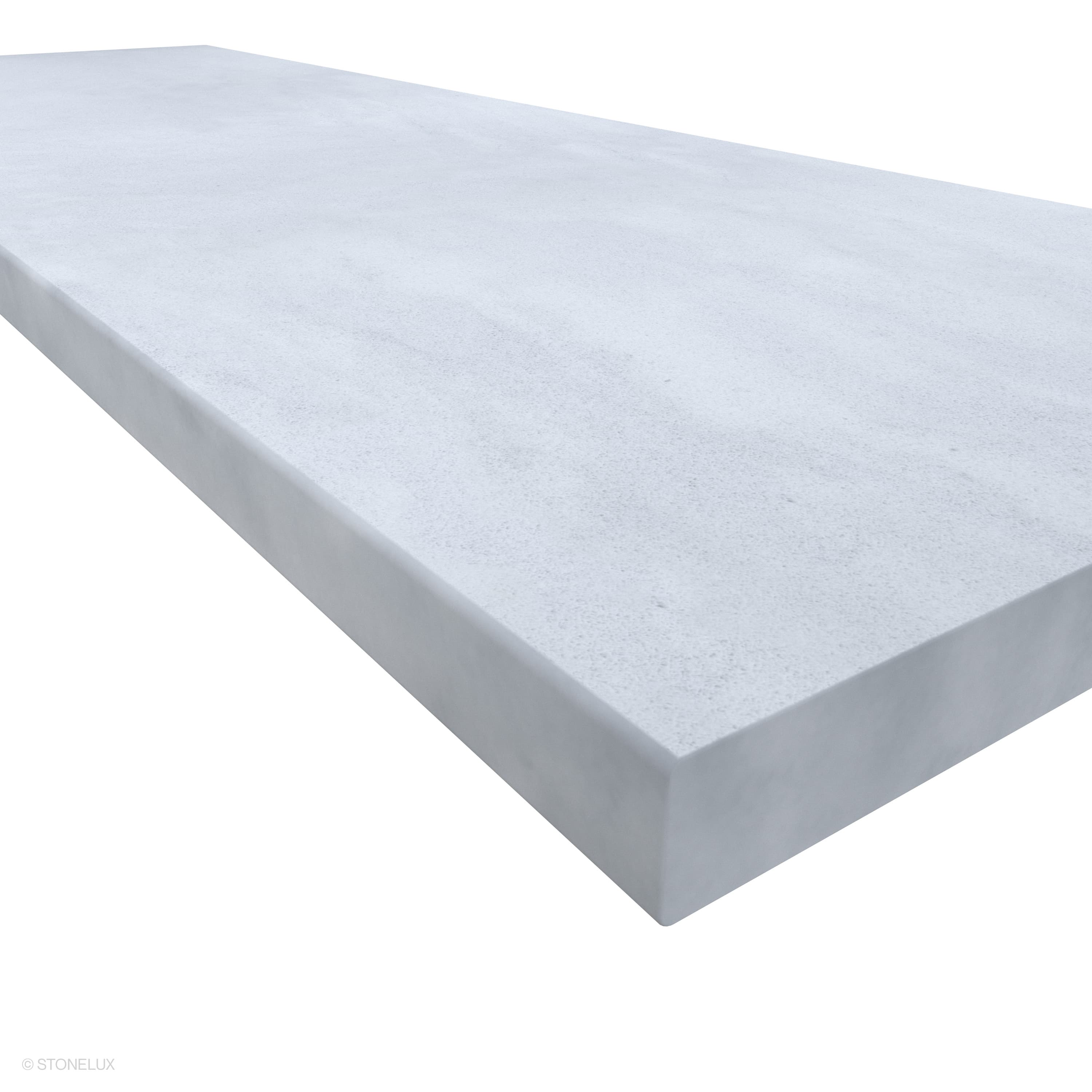 Close-up of the Afyon White Marble Sand Blasted 24x72x2 Eased Edge Tread. The marble displays a smooth, sandblasted finish with subtle white and gray veining. Ideal for pool coping or wall caps, this premium stone offers a sleek, modern aesthetic.