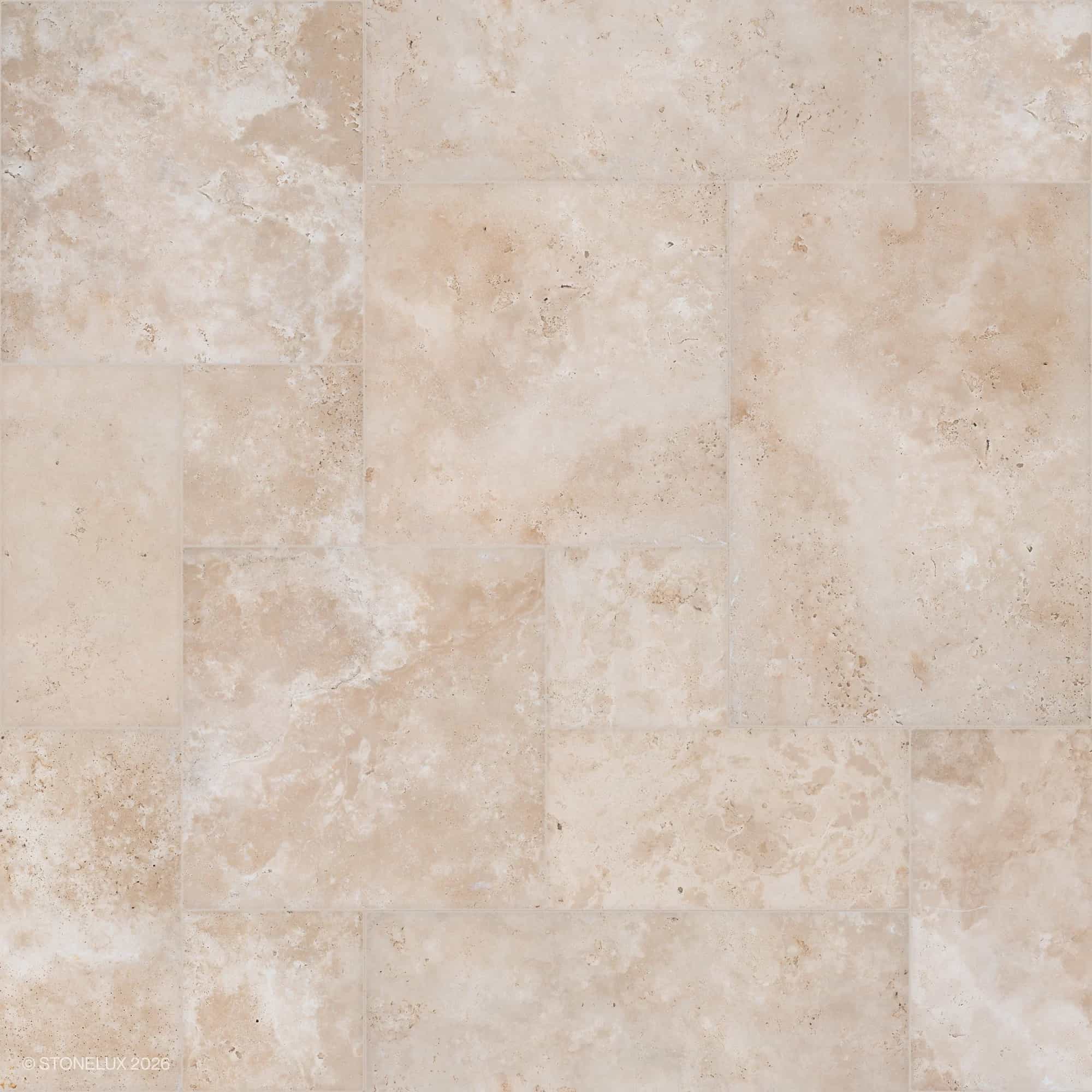 Ivory Travertine Tumbled French Pattern 3cm Paver - Premium by STONELUX features a warm beige tone with natural veining and a textured tumbled finish. Ideal for patios or pool decks, this travertine paver combines elegance and durability in outdoor spa...