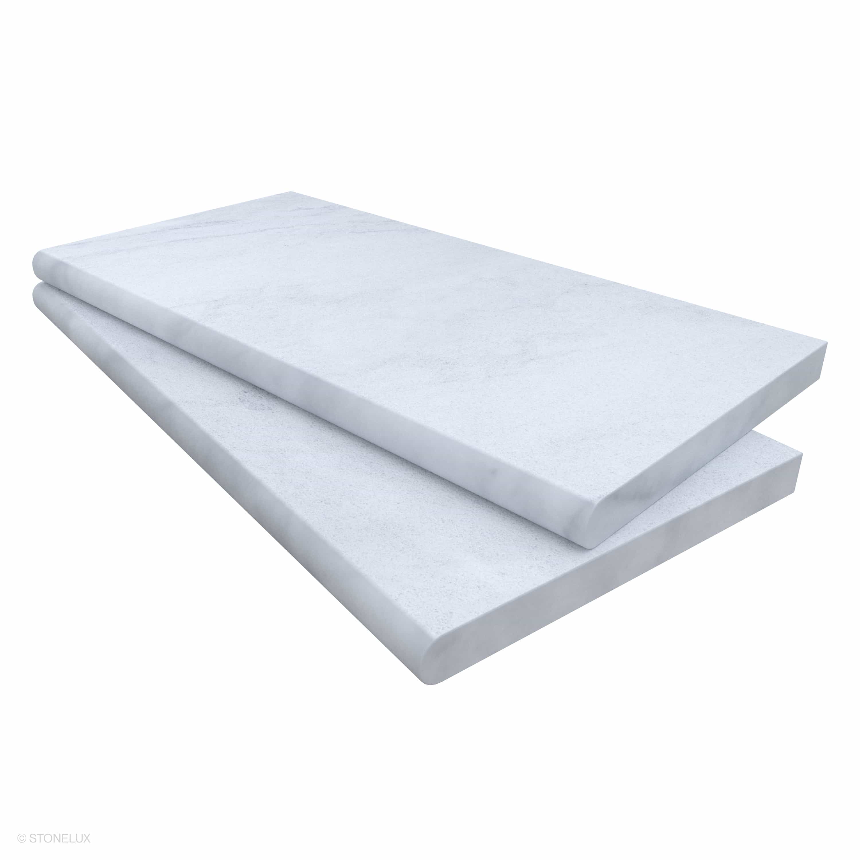 Afyon White Marble Sand Blasted 12x24x3cm Single Bullnose Coping by STONELUX, showcasing a smooth, sandblasted finish with subtle veining. Ideal for pool edges and wall caps, this marble piece features a refined single bullnose profile for elegant hard...