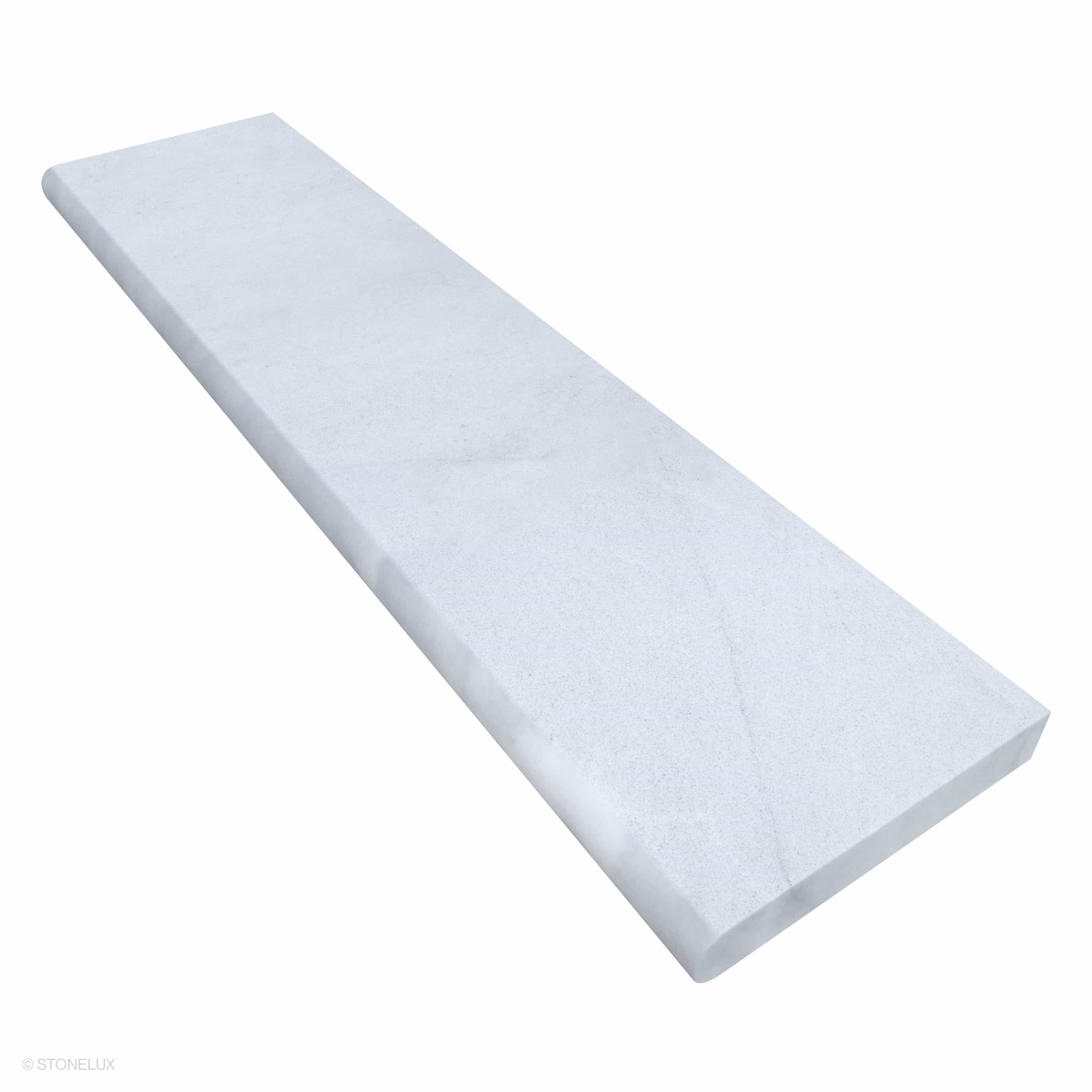 Afyon White Marble Sand Blasted 12x48x2 Single Bullnose Coping, showcasing a smooth, sandblasted finish. This elegant marble piece features subtle veining and a refined bullnose edge, ideal for pool edges or wall caps in luxury hardscape projects.