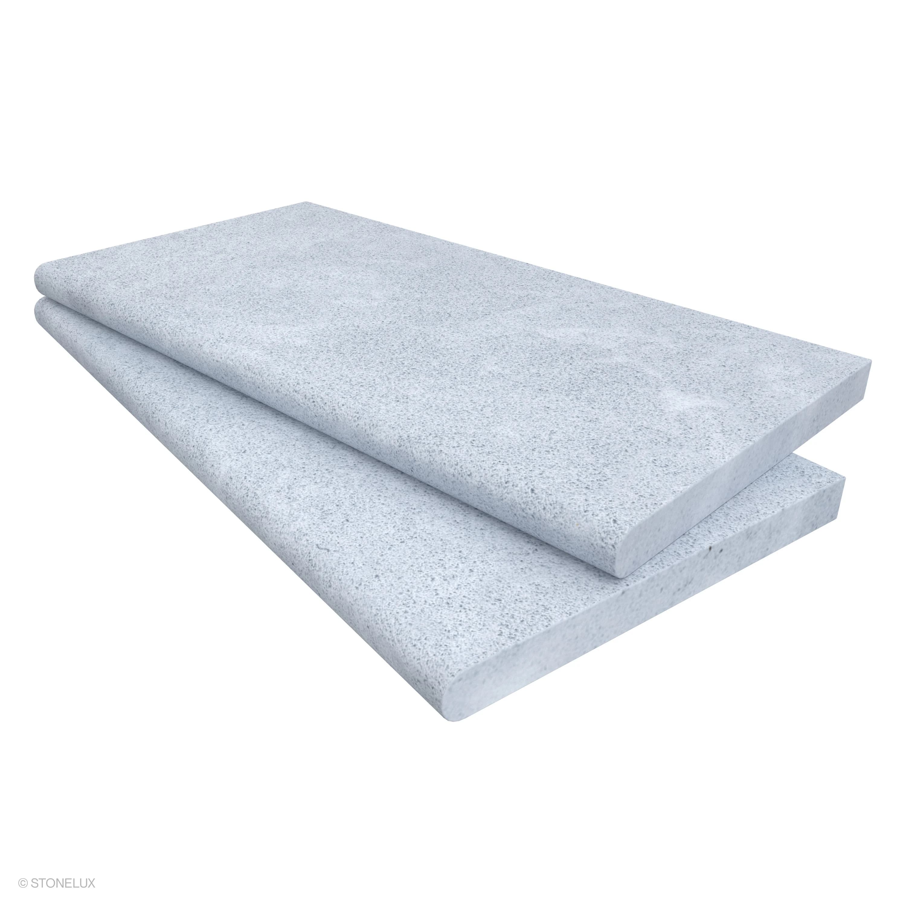 Product view of Afyon Grey Marble Sand Blasted 12x24x3cm Single Bullnose Coping, showing a light cool-grey marble surface with fine blue-grey speckling, soft cloudy movement, and its textured finish.
