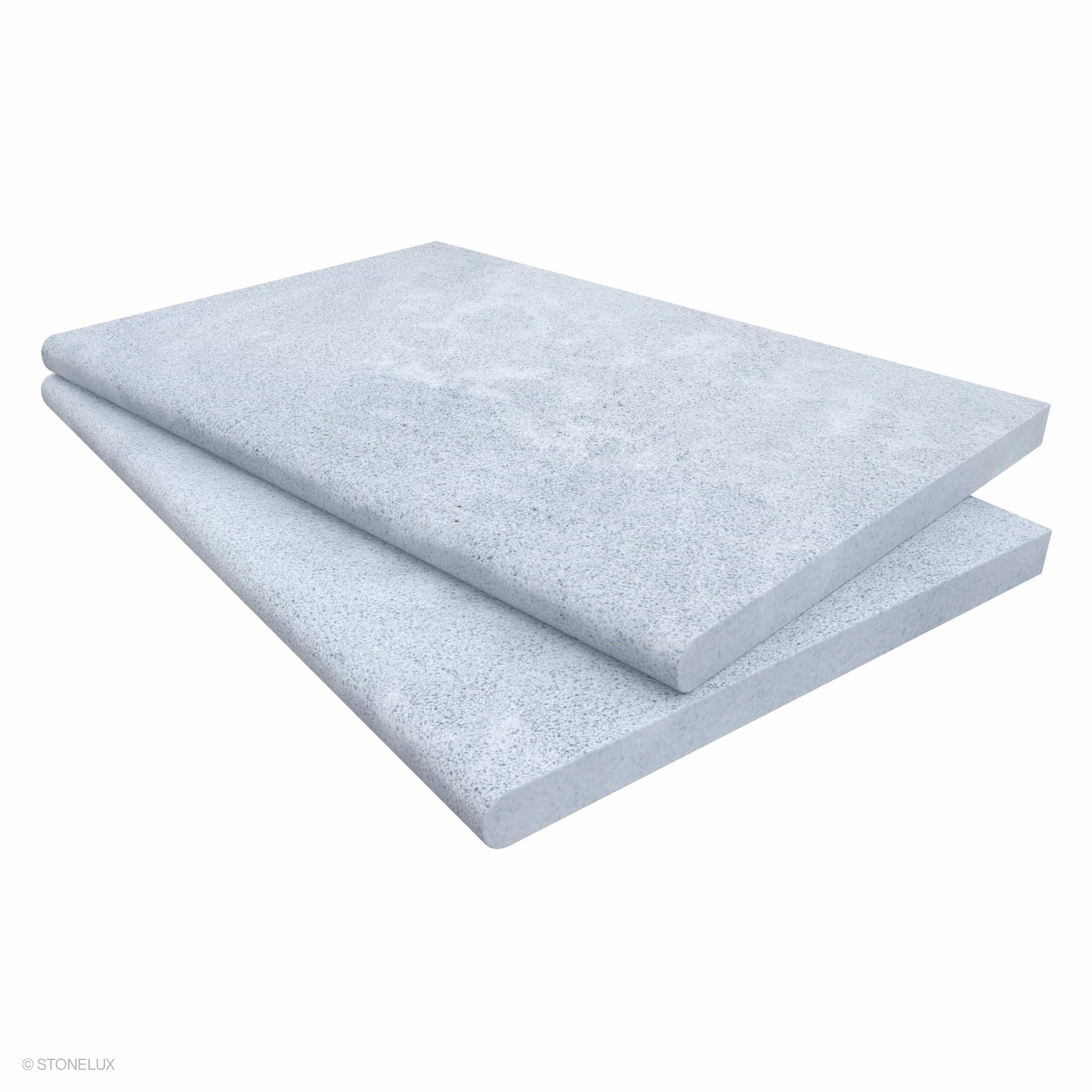 Product view of Afyon Grey Marble Sand Blasted 16x24x3cm Single Bullnose Coping, showing a light cool-grey marble surface with fine blue-grey speckling, soft cloudy movement, and its textured finish.