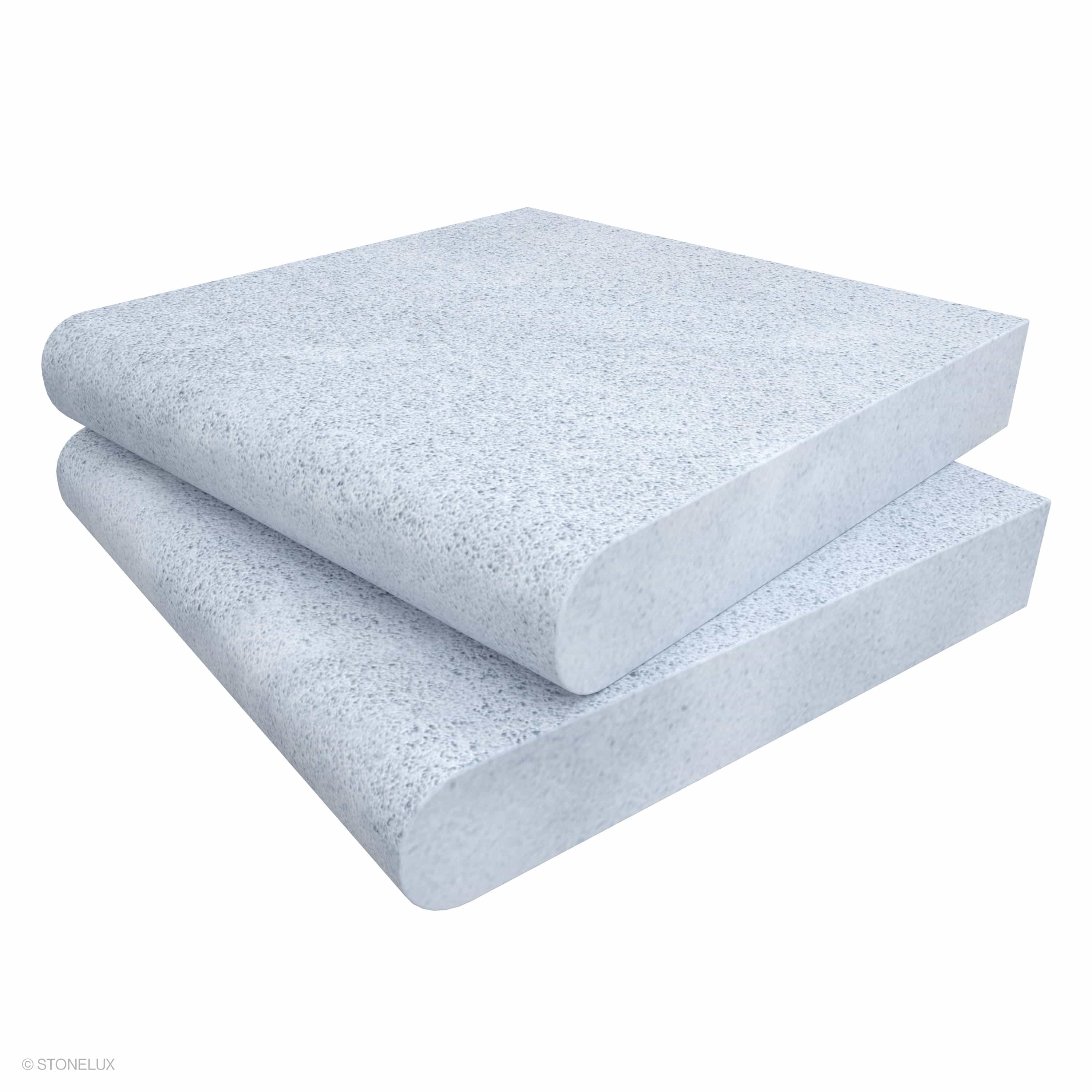 Afyon Grey Marble Sand Blasted 12x12x2 Single Bullnose Coping shown in close-up. This marble features a sandblasted texture with a light grey tone, ideal for pool edges or step treads. Durable 2" thickness with elegant bullnose profile enhances hardsca...