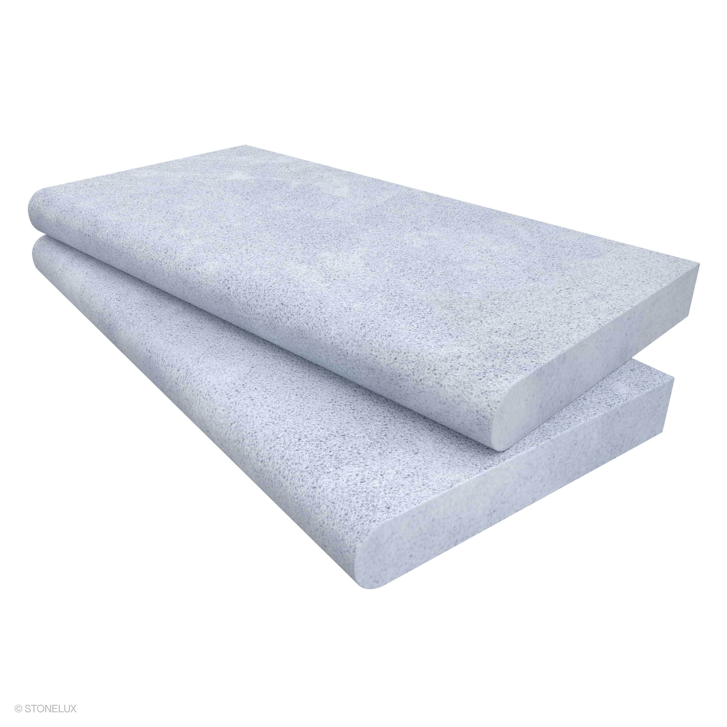 Afyon Grey Marble Sand Blasted 12x24x2 Single Bullnose Coping from STONELUX. This marble piece features a sandblasted finish with subtle grey tones, ideal for pool edges or steps. Its 2-inch thickness and bullnose profile offer a sleek, modern look.
