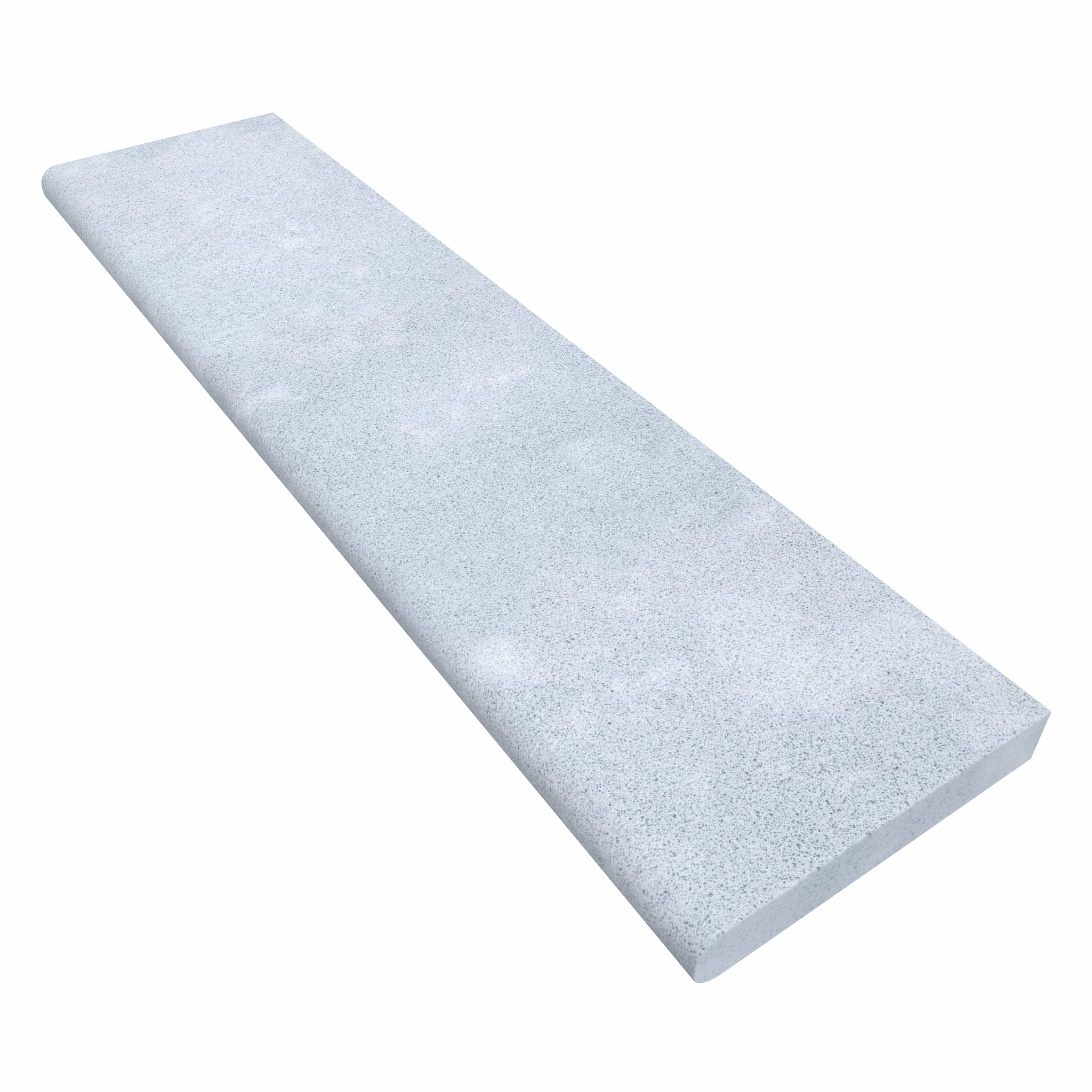 Product view of Afyon Grey Marble Sand Blasted 12x48x2 Single Bullnose Coping, showing a light cool-grey marble surface with fine blue-grey speckling, soft cloudy movement, and its textured finish.