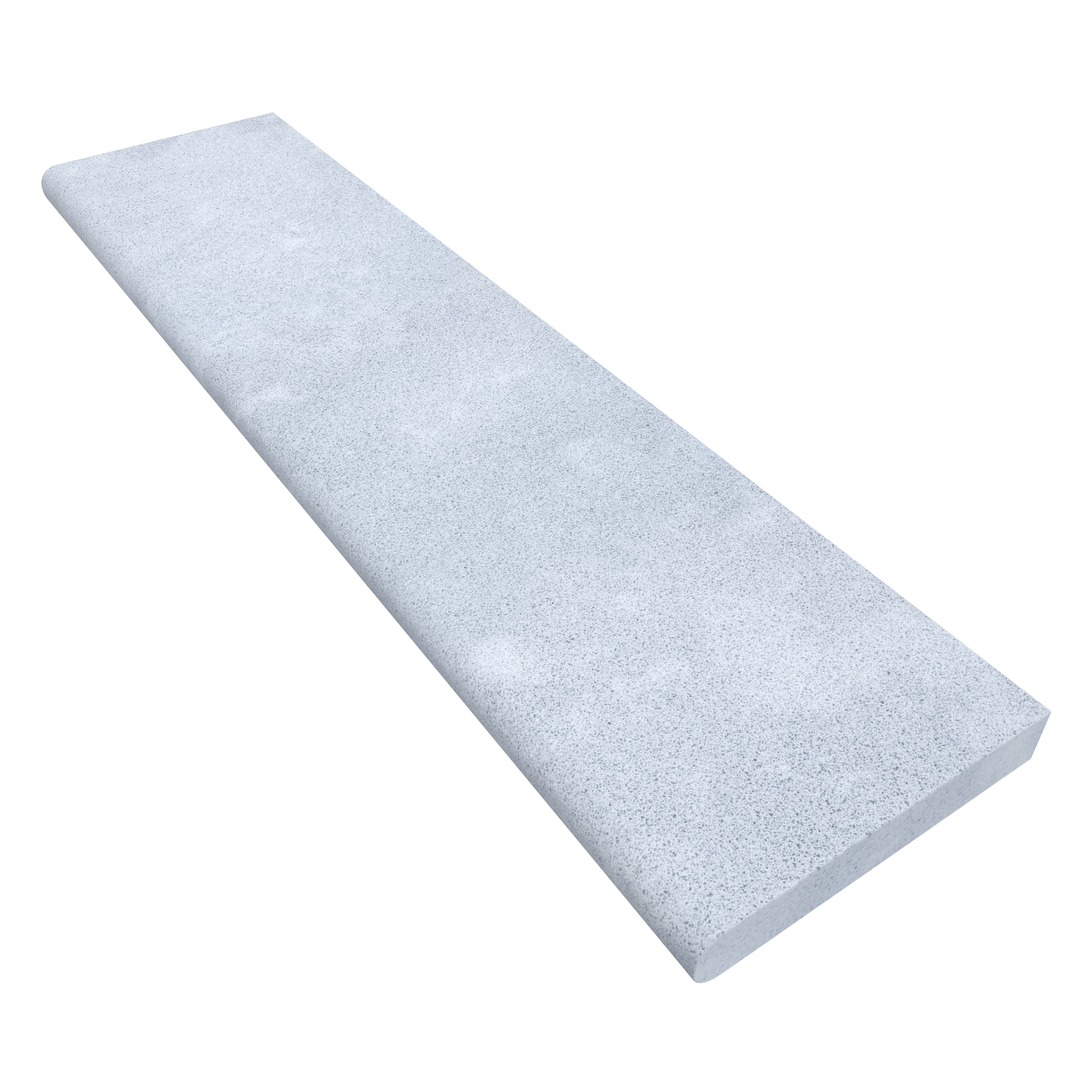 Product view of Afyon Grey Marble Sand Blasted 12x48x2 Single Bullnose Coping, showing a light cool-grey marble surface with fine blue-grey speckling, soft cloudy movement, and its textured finish.
