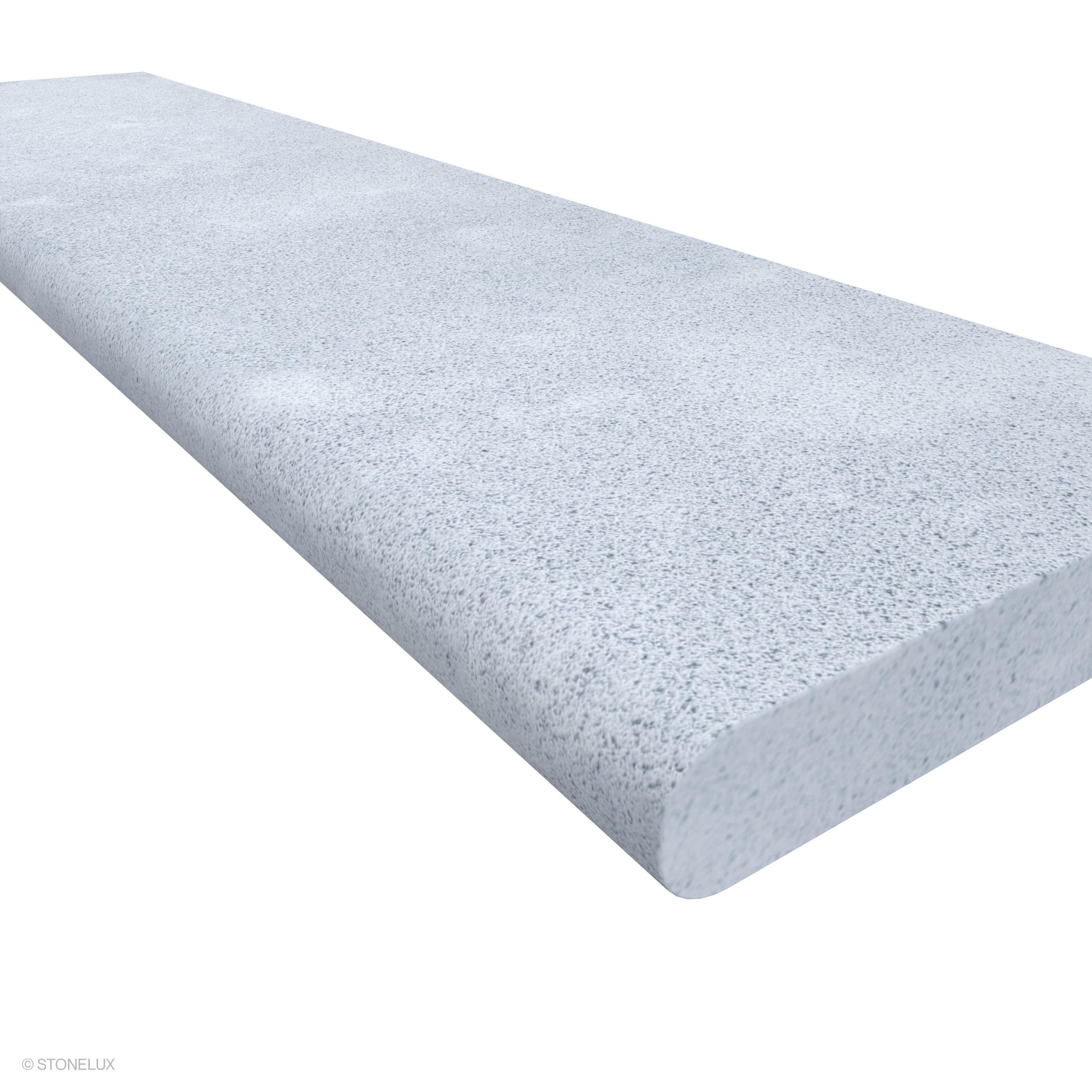 Close-up of Afyon Grey Marble Sand Blasted 12x48x2 Single Bullnose Coping, showing a light cool-grey marble surface with fine blue-grey speckling, soft cloudy movement, and its textured finish.