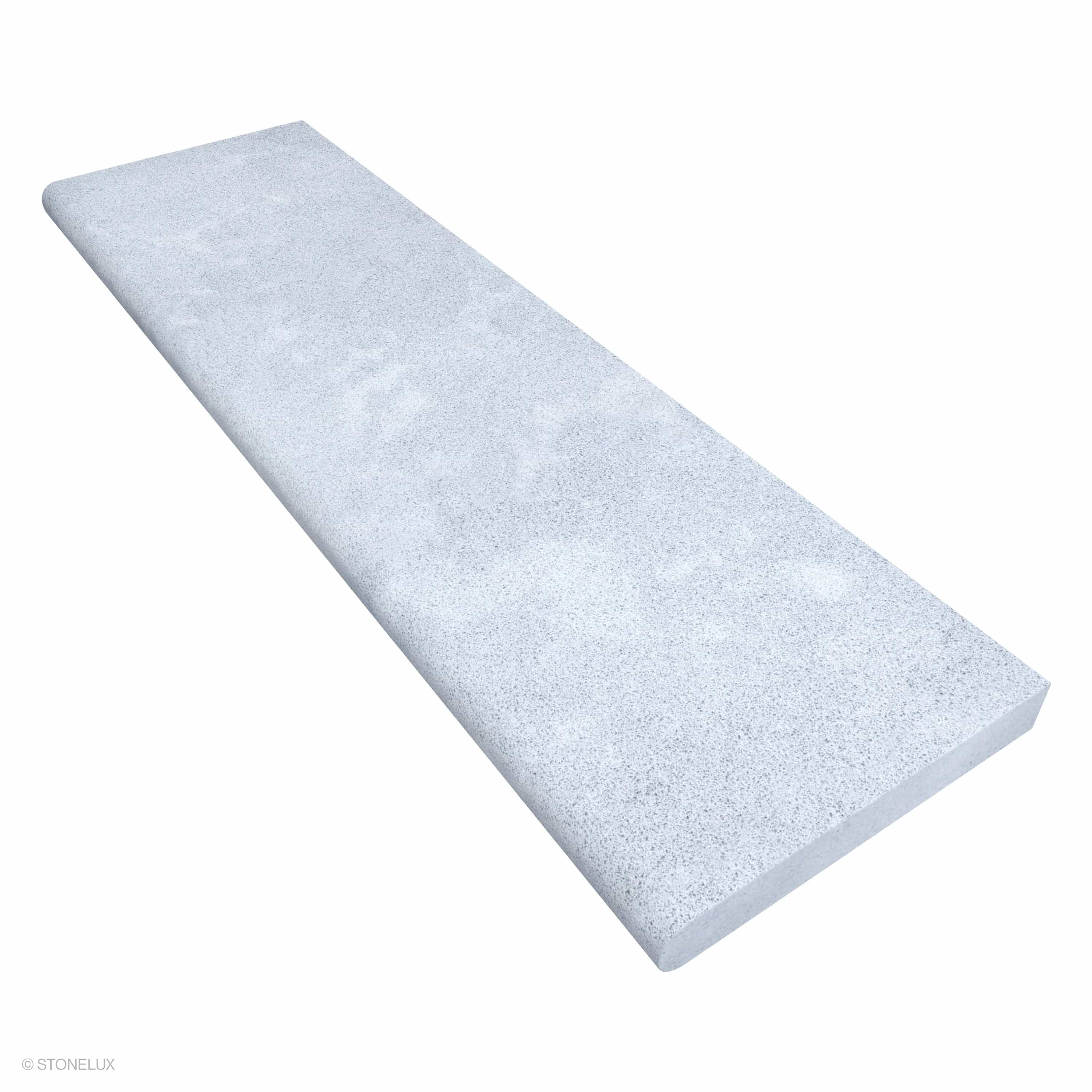 Product view of Afyon Grey Marble Sand Blasted 14x48x2 Single Bullnose Coping, showing a light cool-grey marble surface with fine blue-grey speckling, soft cloudy movement, and its textured finish.