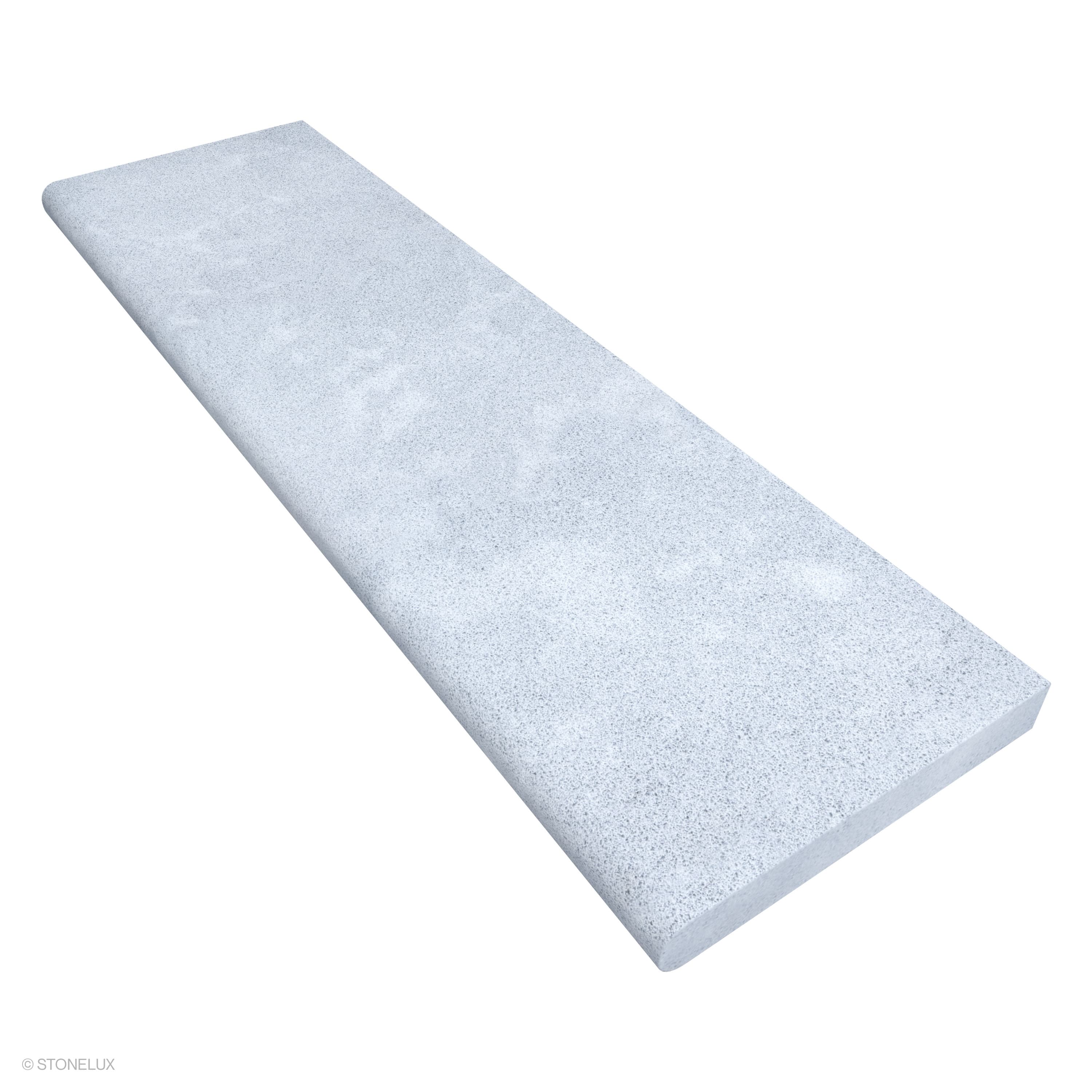 Product view of Afyon Grey Marble Sand Blasted 14x48x2 Single Bullnose Coping, showing a light cool-grey marble surface with fine blue-grey speckling, soft cloudy movement, and its textured finish.