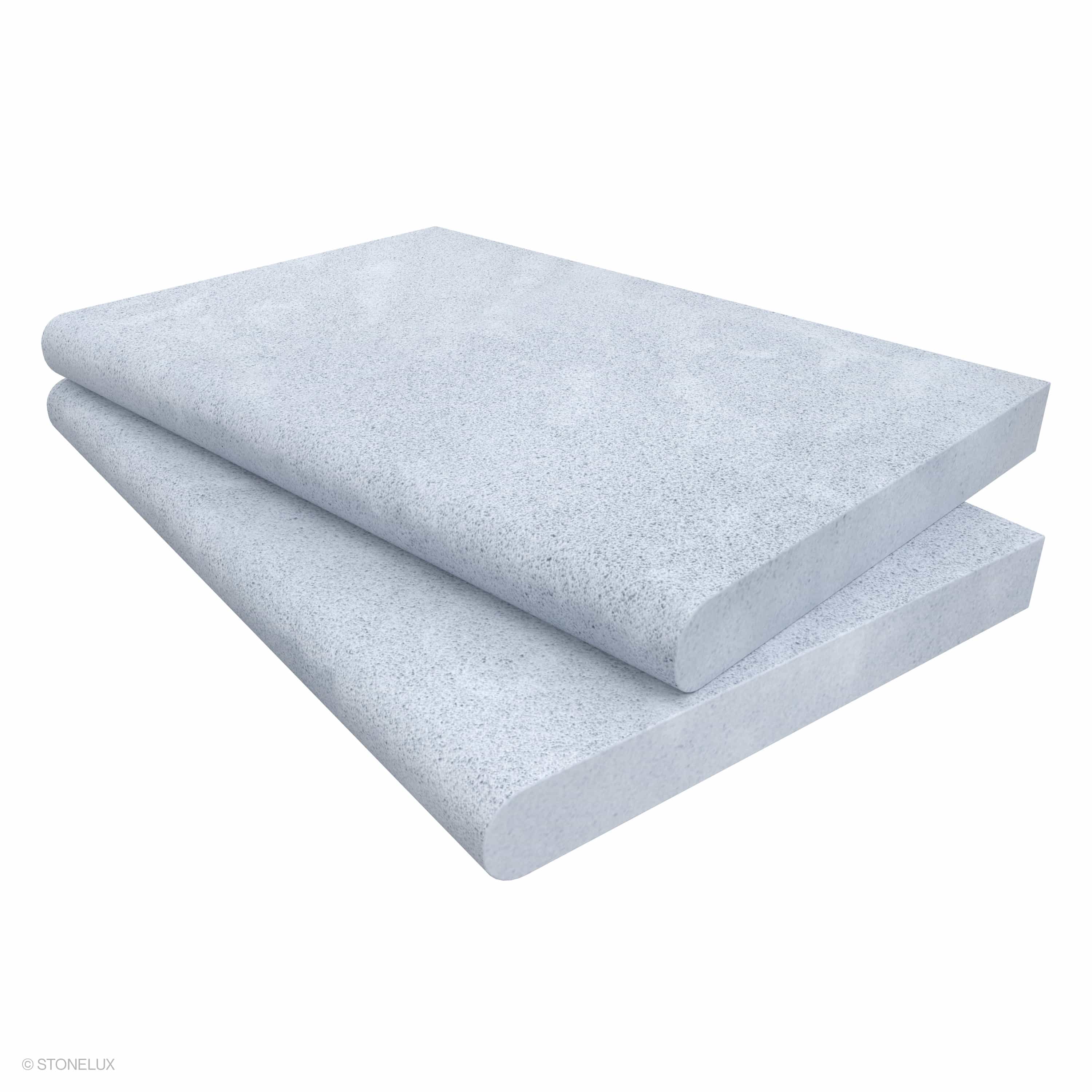 Product view of Afyon Grey Marble Sand Blasted 16x24x2 Single Bullnose Coping, showing a light cool-grey marble surface with fine blue-grey speckling, soft cloudy movement, and its textured finish.
