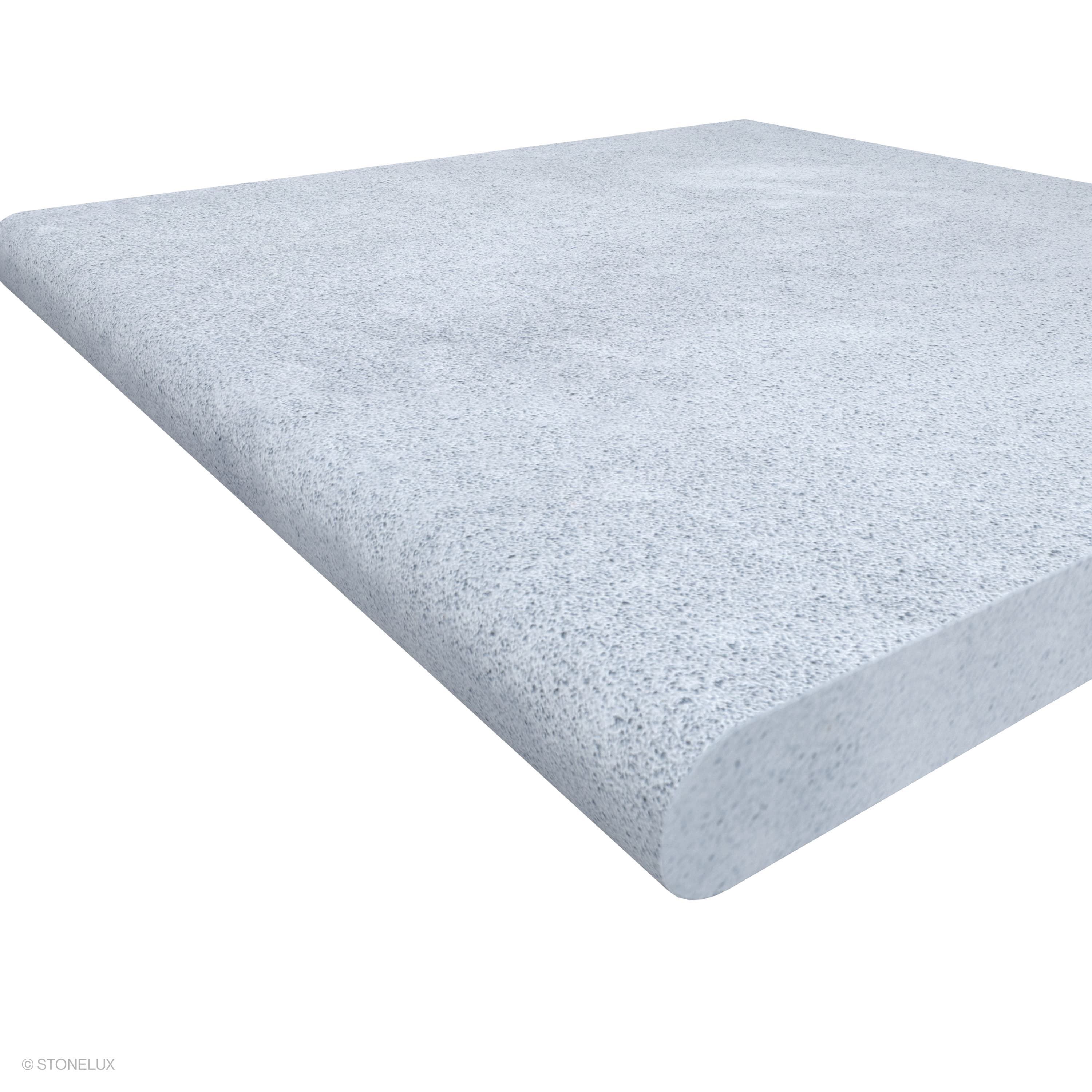 Close-up of the Afyon Grey Marble Sand Blasted 24x24x2 Single Bullnose Coping by STONELUX, showcasing a smooth, sandblasted surface with subtle grey tones and a rounded bullnose edge, ideal for pool edges and step treads.