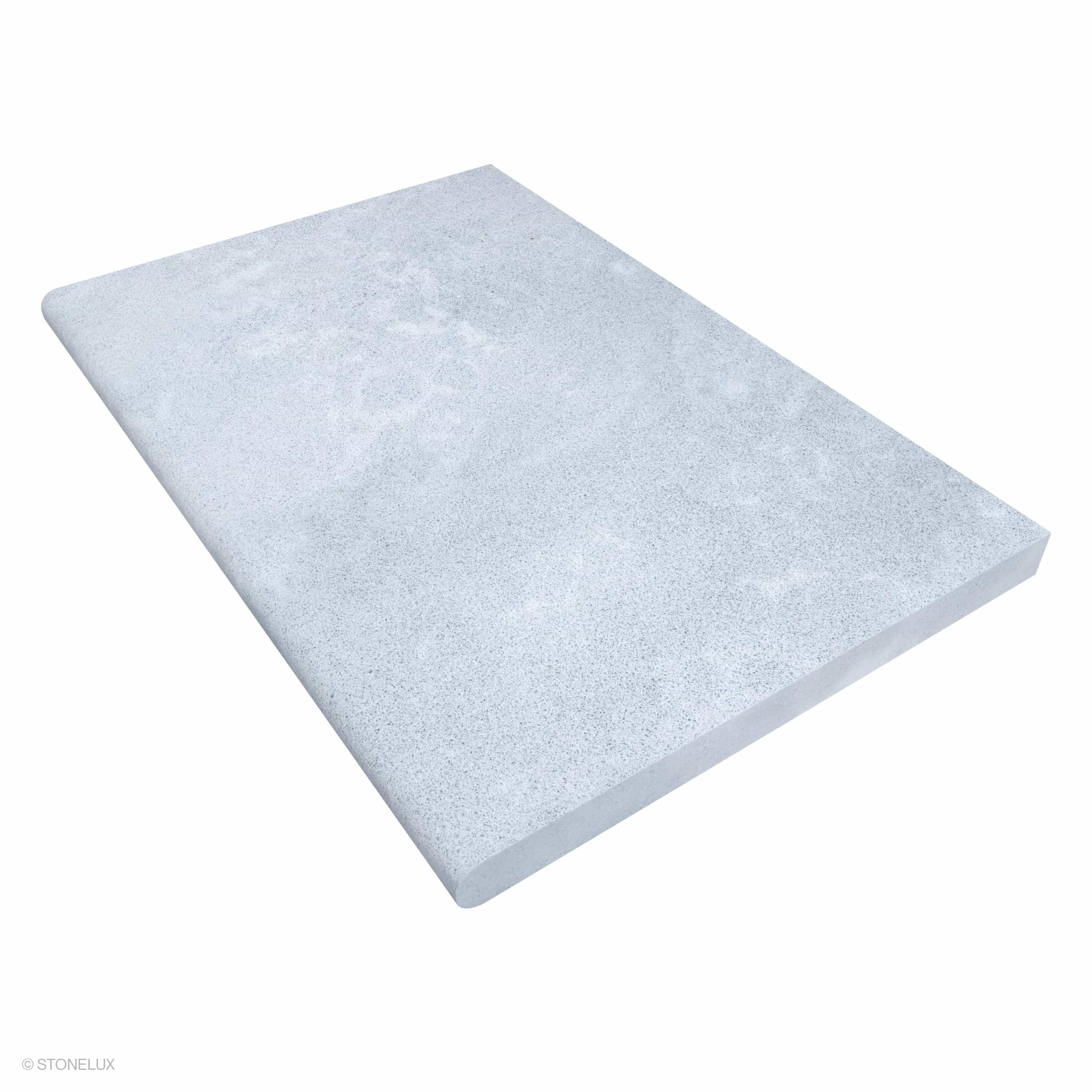 Product view of Afyon Grey Marble Sand Blasted 24x36x2 Single Bullnose Coping, showing a light cool-grey marble surface with fine blue-grey speckling, soft cloudy movement, and its textured finish.