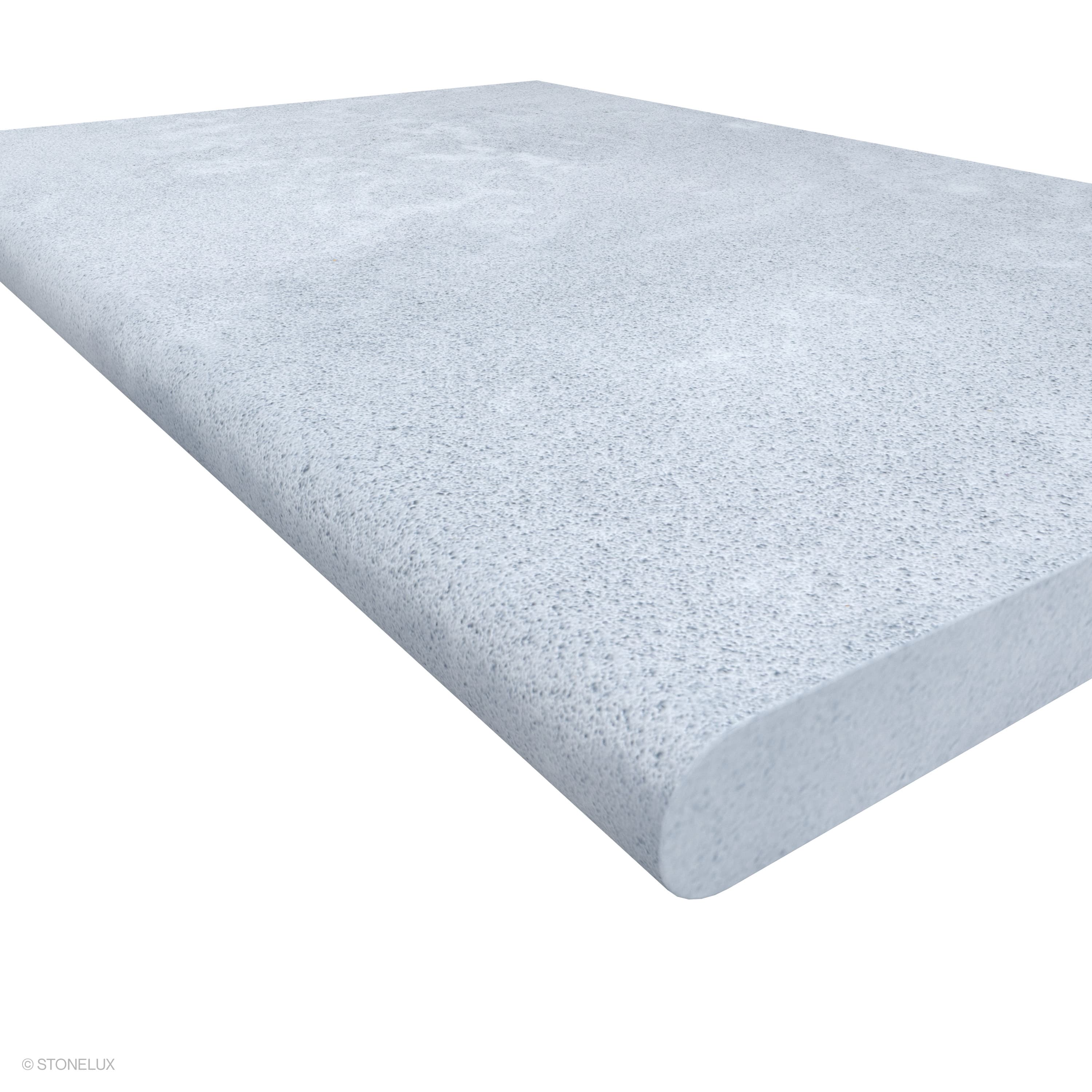 Close-up of Afyon Grey Marble Sand Blasted 24x36x2 Single Bullnose Coping, showing a light cool-grey marble surface with fine blue-grey speckling, soft cloudy movement, and its textured finish.