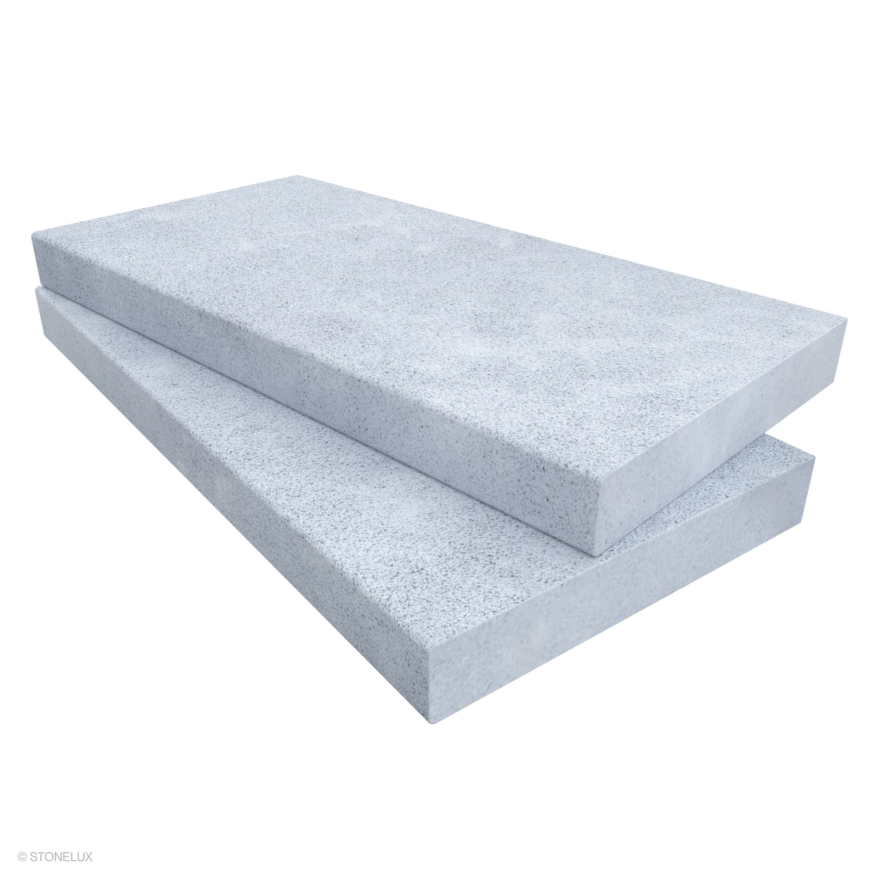 Product view of Afyon Grey Marble Sand Blasted 12x24x2 Eased Edge Coping, showing a light cool-grey marble surface with fine blue-grey speckling, soft cloudy movement, and its textured finish.