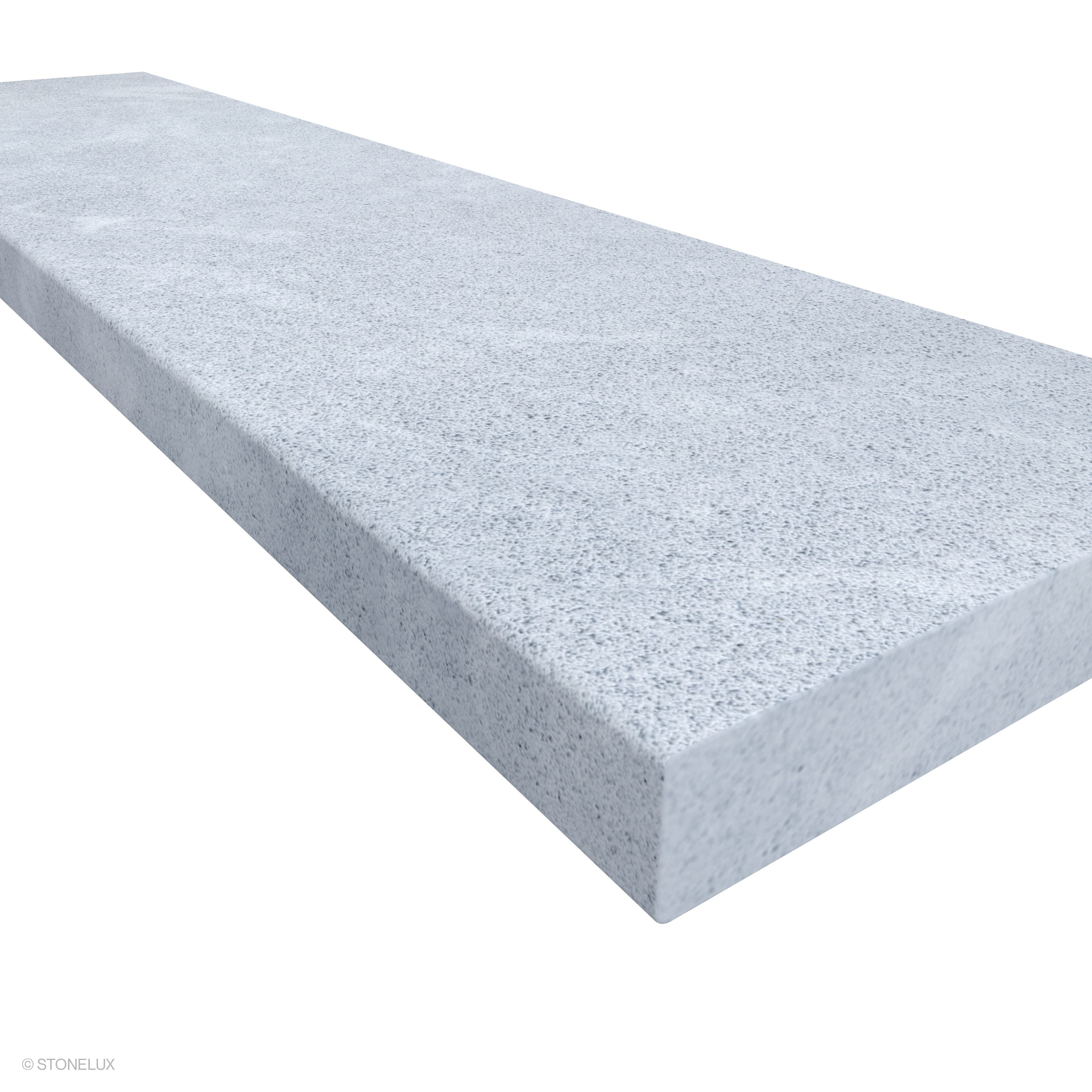 Close-up of Stonelux Afyon Grey Marble Sand Blasted 12x48x2 Eased Edge Coping. The image highlights the detailed sandblasted texture and subtle grey tones with eased edge profile, ideal for pool edges and wall caps.