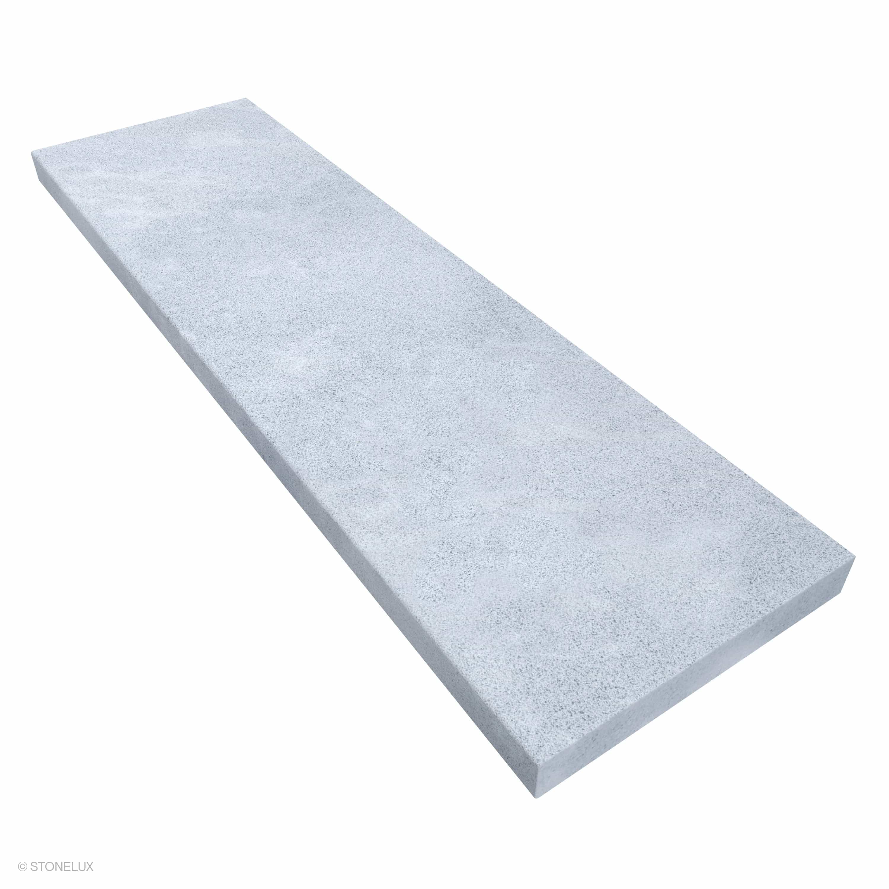 Afyon Grey Marble Sand Blasted Coping, size 14x48x2 with eased edge profile. This marble piece features a textured sandblasted finish, showcasing subtle grey tones and natural patterns, ideal for pool edges or wall caps in modern landscape designs.