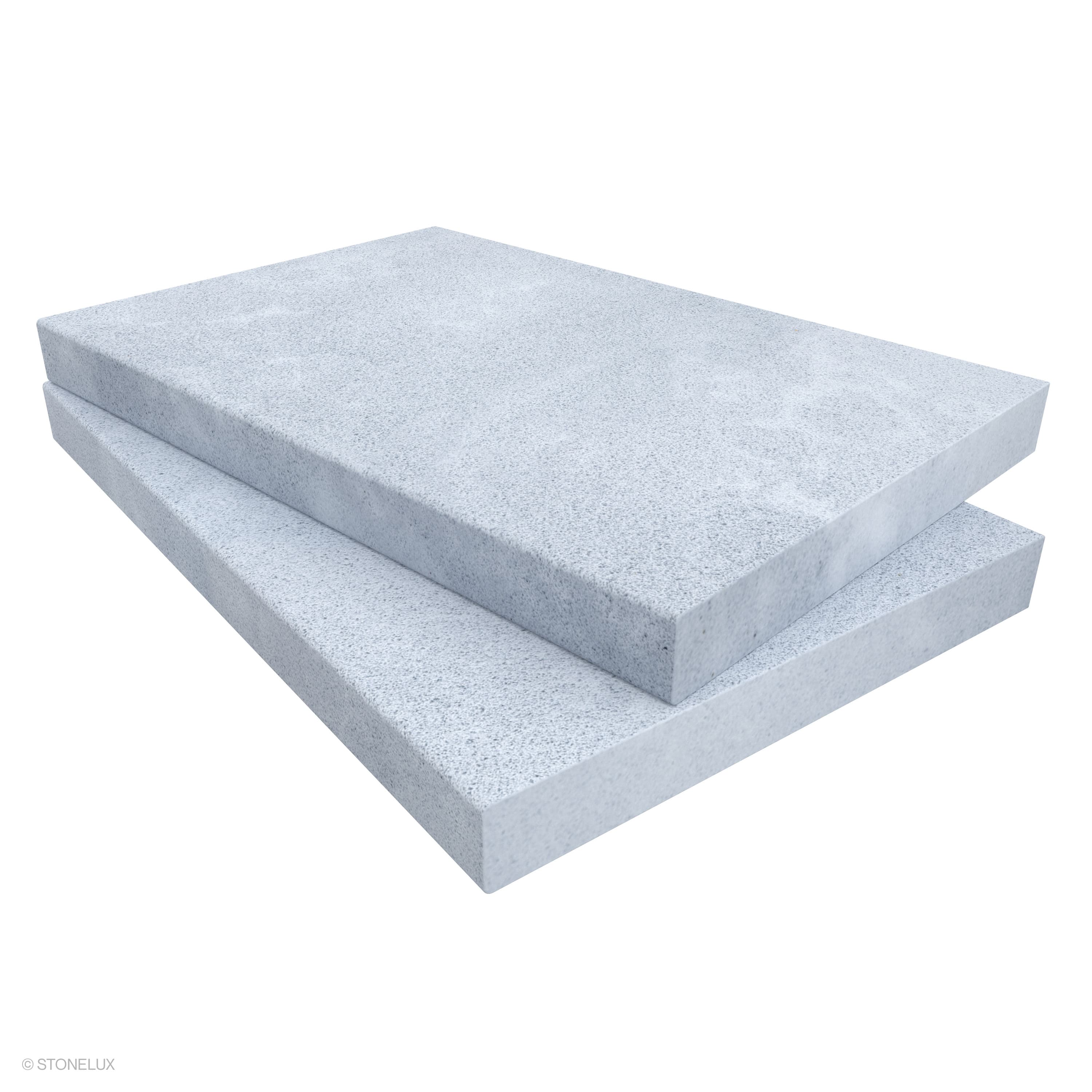 Product view of Afyon Grey Marble Sand Blasted 16x24x2 Eased Edge Coping, showing a light cool-grey marble surface with fine blue-grey speckling, soft cloudy movement, and its textured finish.