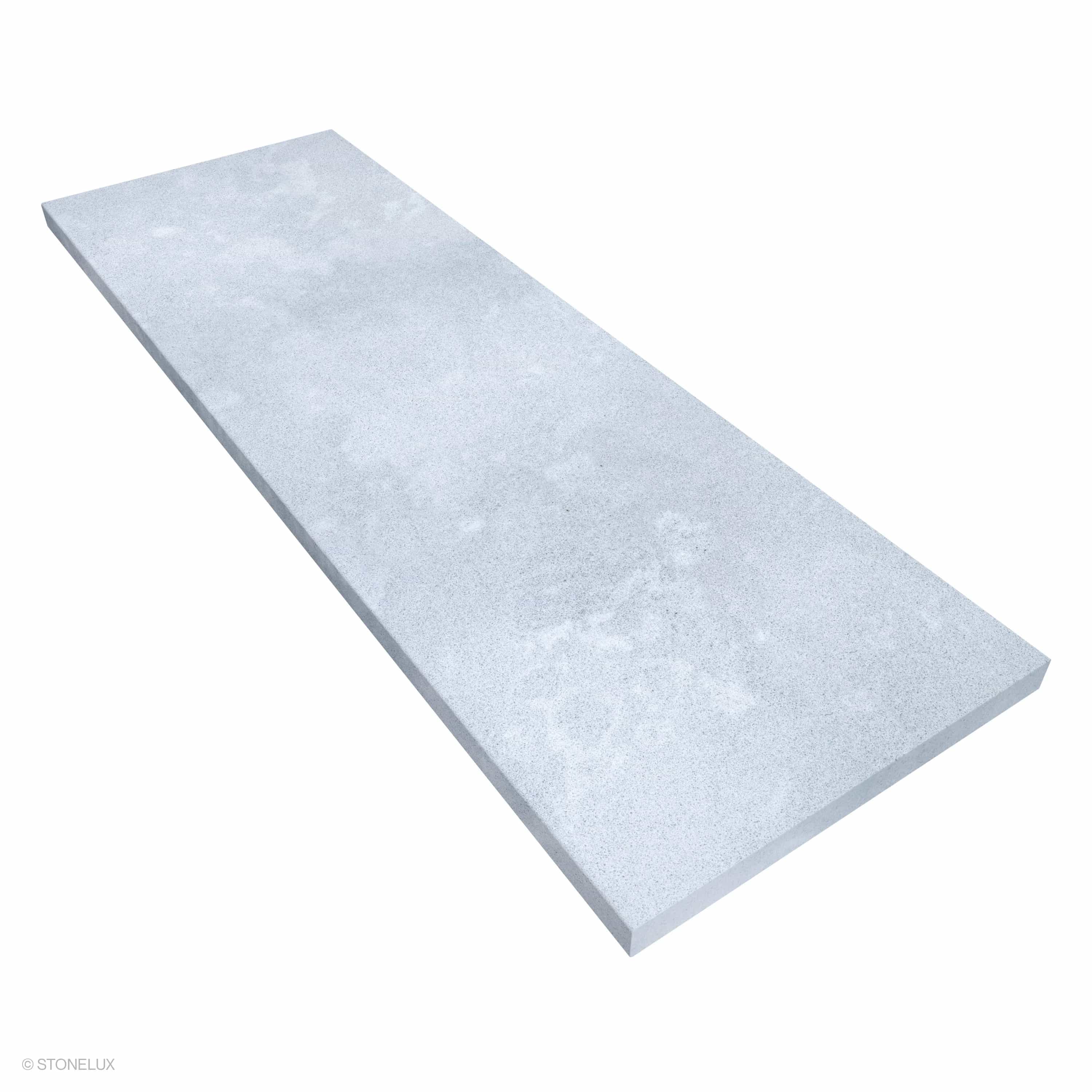Product view of Afyon Grey Marble Sand Blasted 24x72x2 Eased Edge Tread, showing a light cool-grey marble surface with fine blue-grey speckling, soft cloudy movement, and its textured finish.