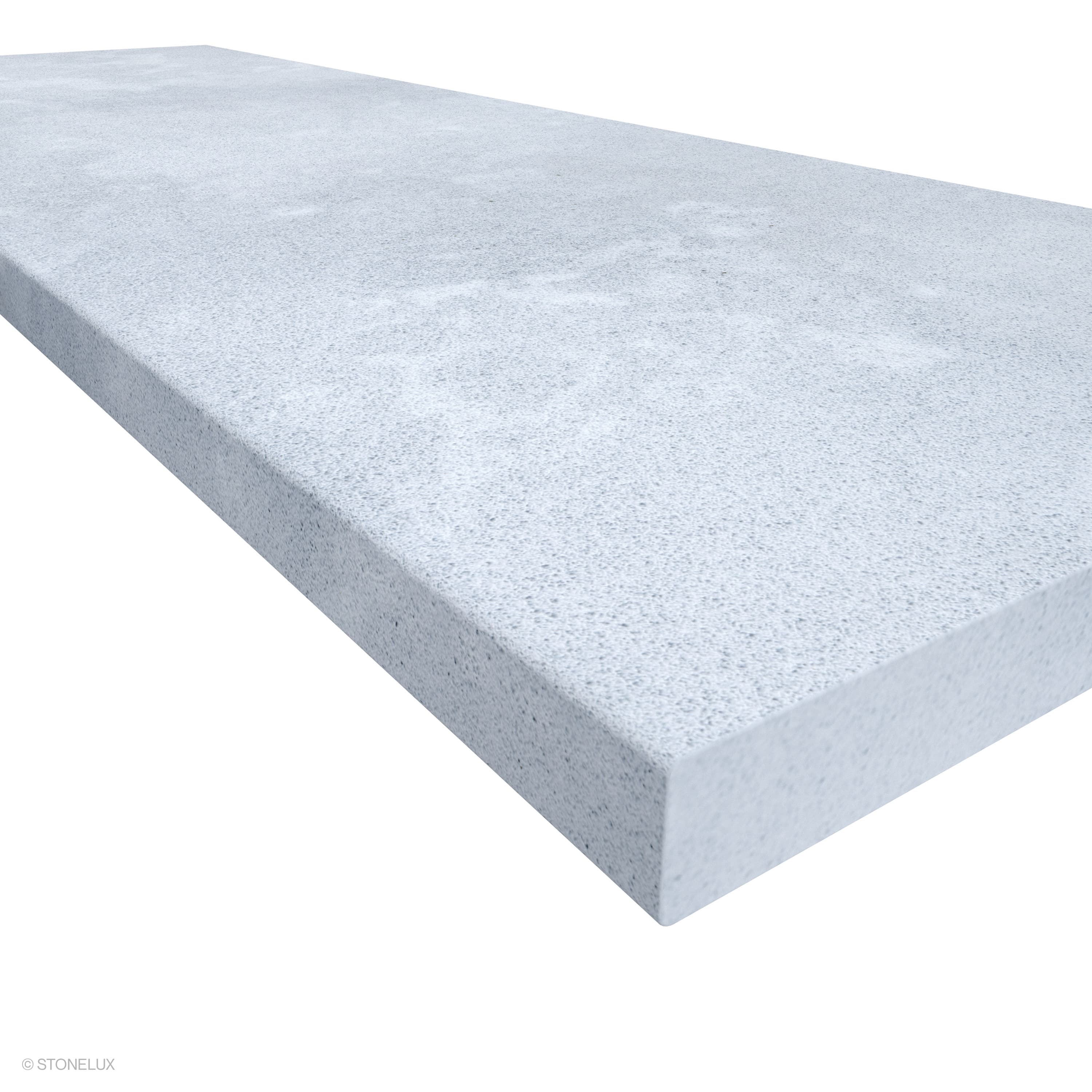 Close-up of the Afyon Grey Marble Sand Blasted 24x72x2 Eased Edge Tread by STONELUX, showcasing its smooth, sandblasted finish, subtle grey tones, and precise eased edge profile, ideal for pool coping and elegant hardscape designs.