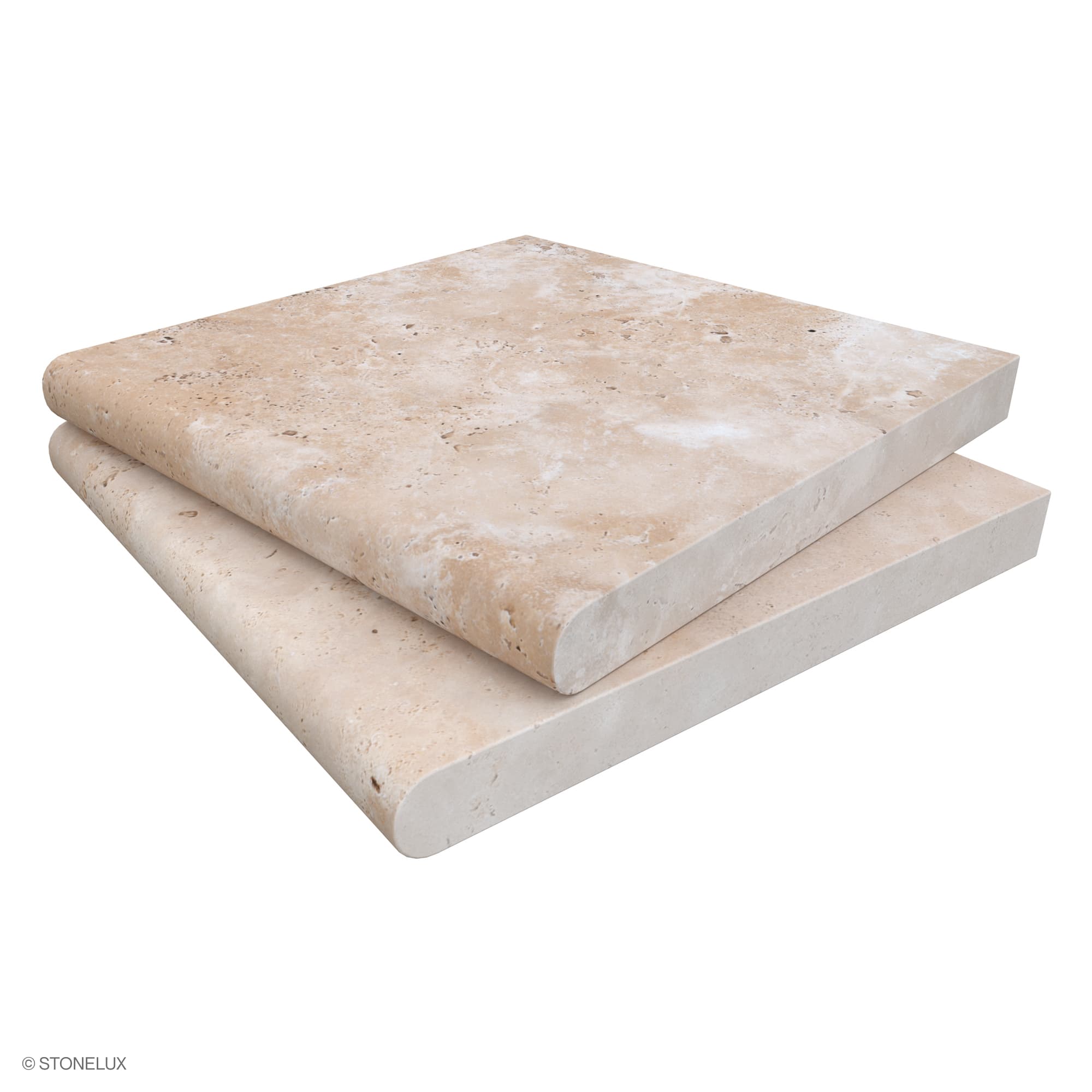 Ivory Travertine Tumbled 12x12x3cm Single Bullnose Coping by STONELUX, showcasing a smooth, tumbled finish with natural beige tones and subtle veining. Ideal for pool edges or outdoor steps, this premium travertine coping adds elegance to hardscape pro...