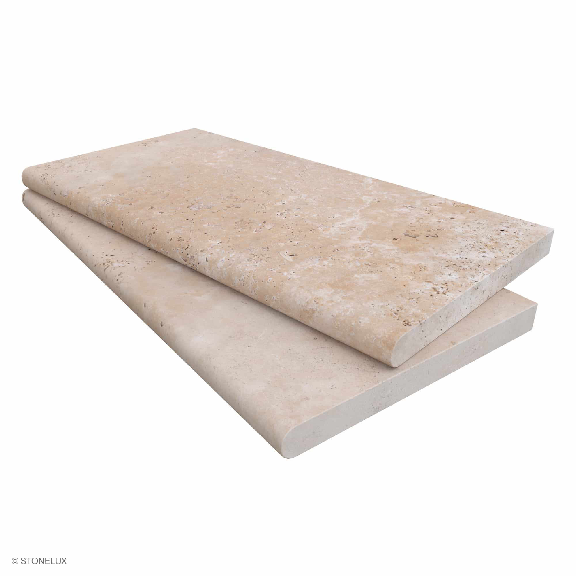 Ivory Travertine Tumbled 12x24x3cm Single Bullnose Coping by STONELUX features a smooth, tumbled finish with natural beige tones and subtle veining. Ideal for pool edges or steps, this premium travertine piece adds elegance and durability to outdoor sp...