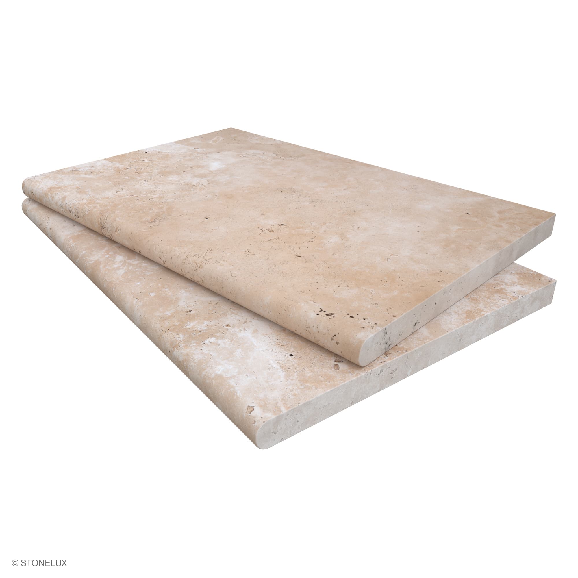 Close-up of the Ivory Travertine Tumbled 16x24x3cm Single Bullnose Coping by STONELUX. Featuring a tumbled finish, the travertine showcases natural beige tones with subtle veining. Ideal for pool edges and steps, offering a premium, elegant look.