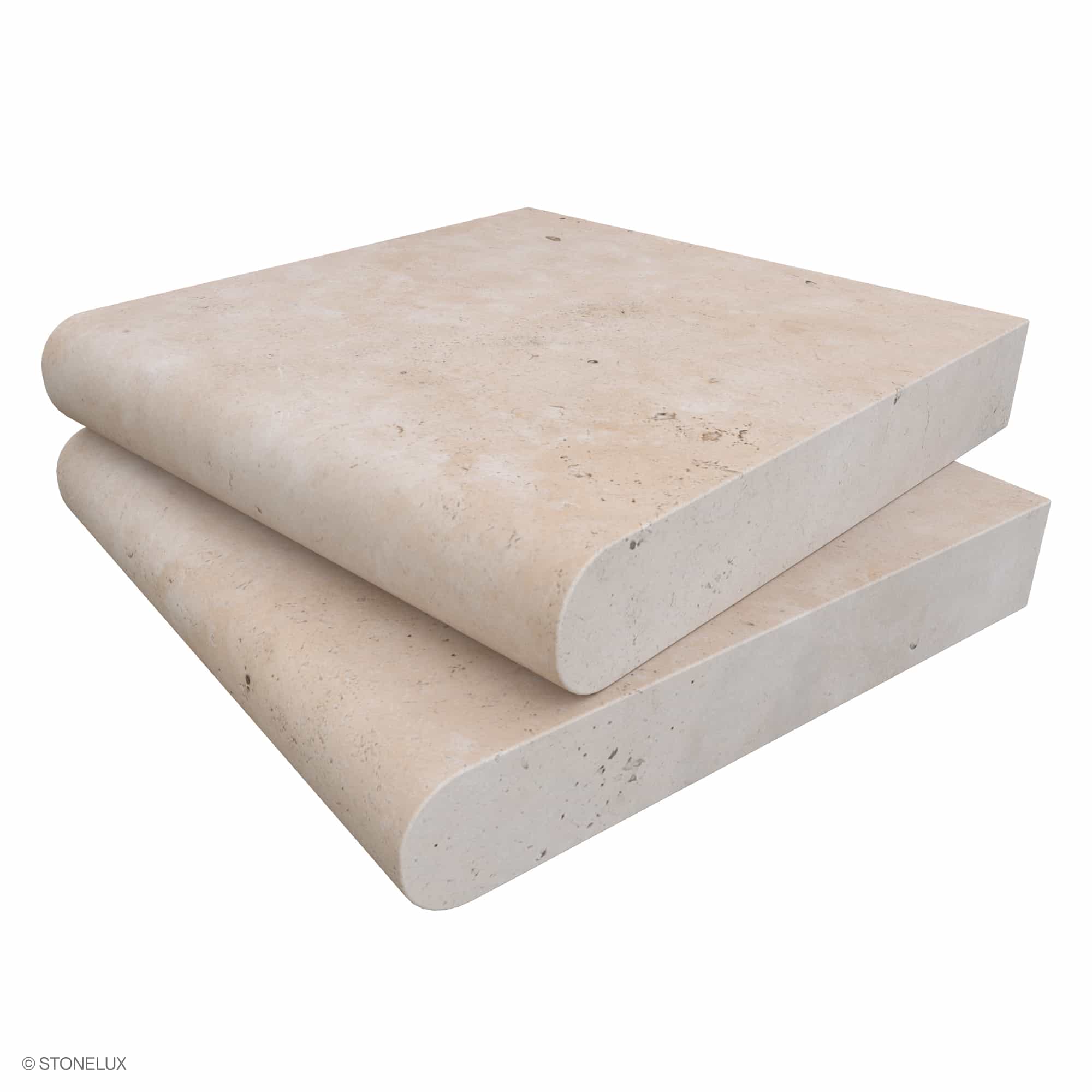Close-up of STONELUX Ivory Travertine Tumbled 12x12x2 Single Bullnose Coping. The premium travertine features a soft, creamy color with natural veining and a tumbled finish, ideal for pool edges and steps. Durable 2-inch thickness with a smooth bullnos...