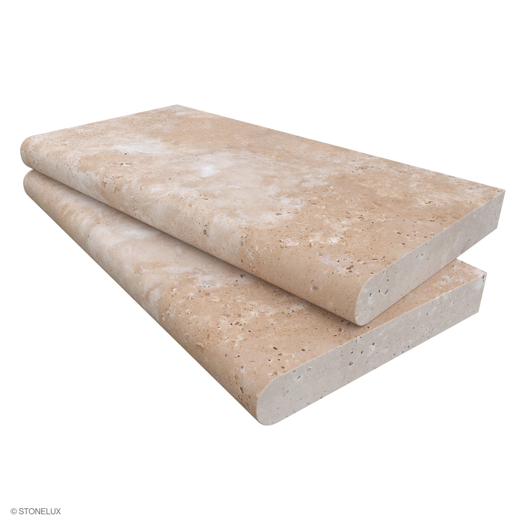 Ivory Travertine Tumbled 12x24x2 Single Bullnose Coping by STONELUX, featuring a warm beige hue with natural veining and a textured tumbled finish. Ideal for pool edges or steps, this premium travertine coping boasts a smooth, rounded edge and 2-inch t...