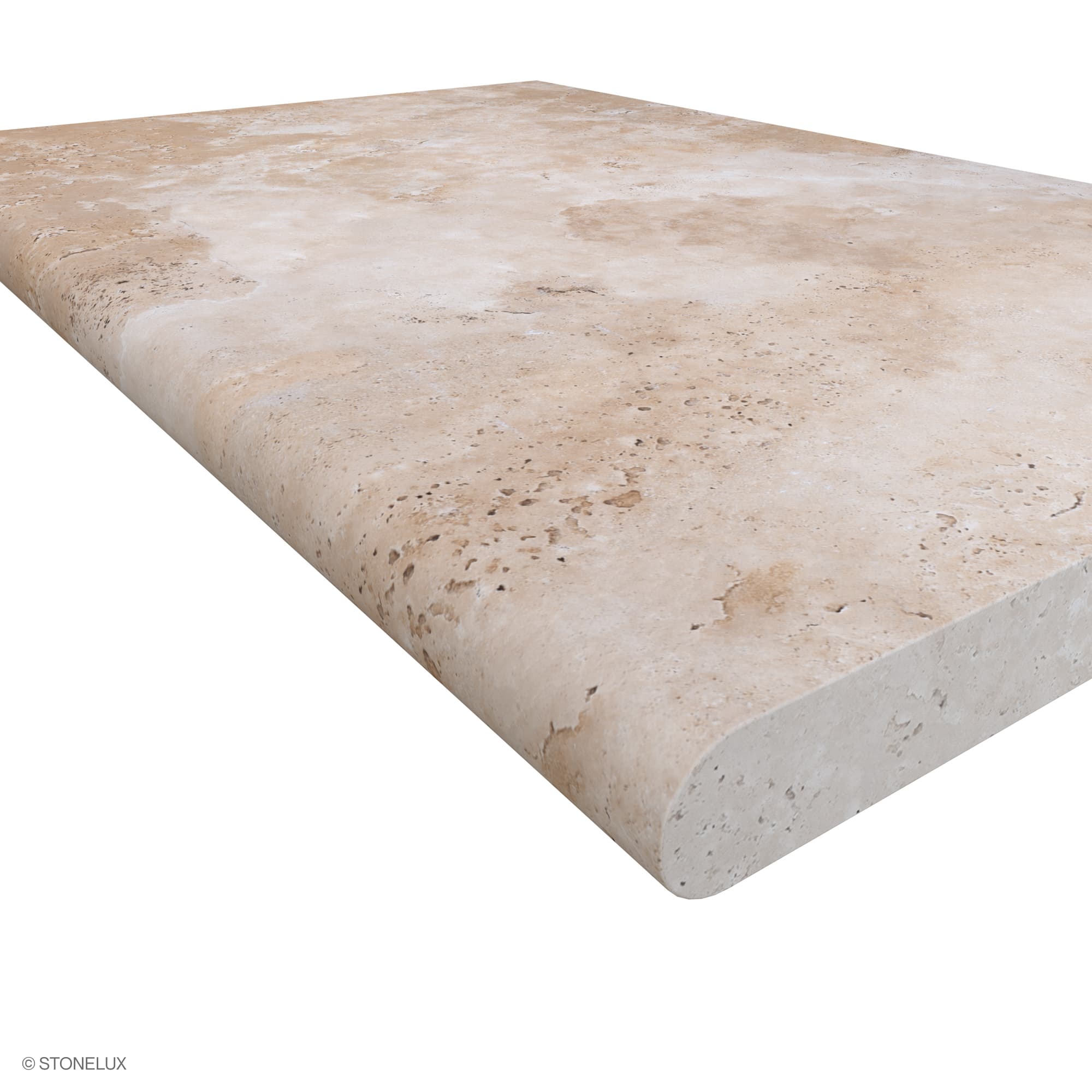 Close-up of the Ivory Travertine Tumbled 24x36x2 Single Bullnose Coping by STONELUX. The image highlights its smooth, rounded edge profile, showcasing the tumbled finish with natural beige tones and subtle veining, ideal for pool edges or wall caps.