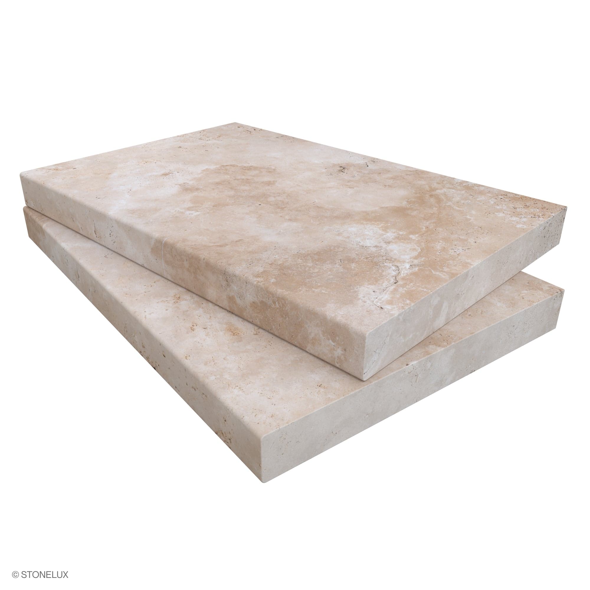 Close-up of Stonelux's Ivory Travertine Tumbled 16x24x2 Eased Edge Coping, showcasing its premium tumbled finish. The travertine's warm ivory tones and natural veining enhance its textured surface, ideal for pool edges and steps in luxury hardscape pro...