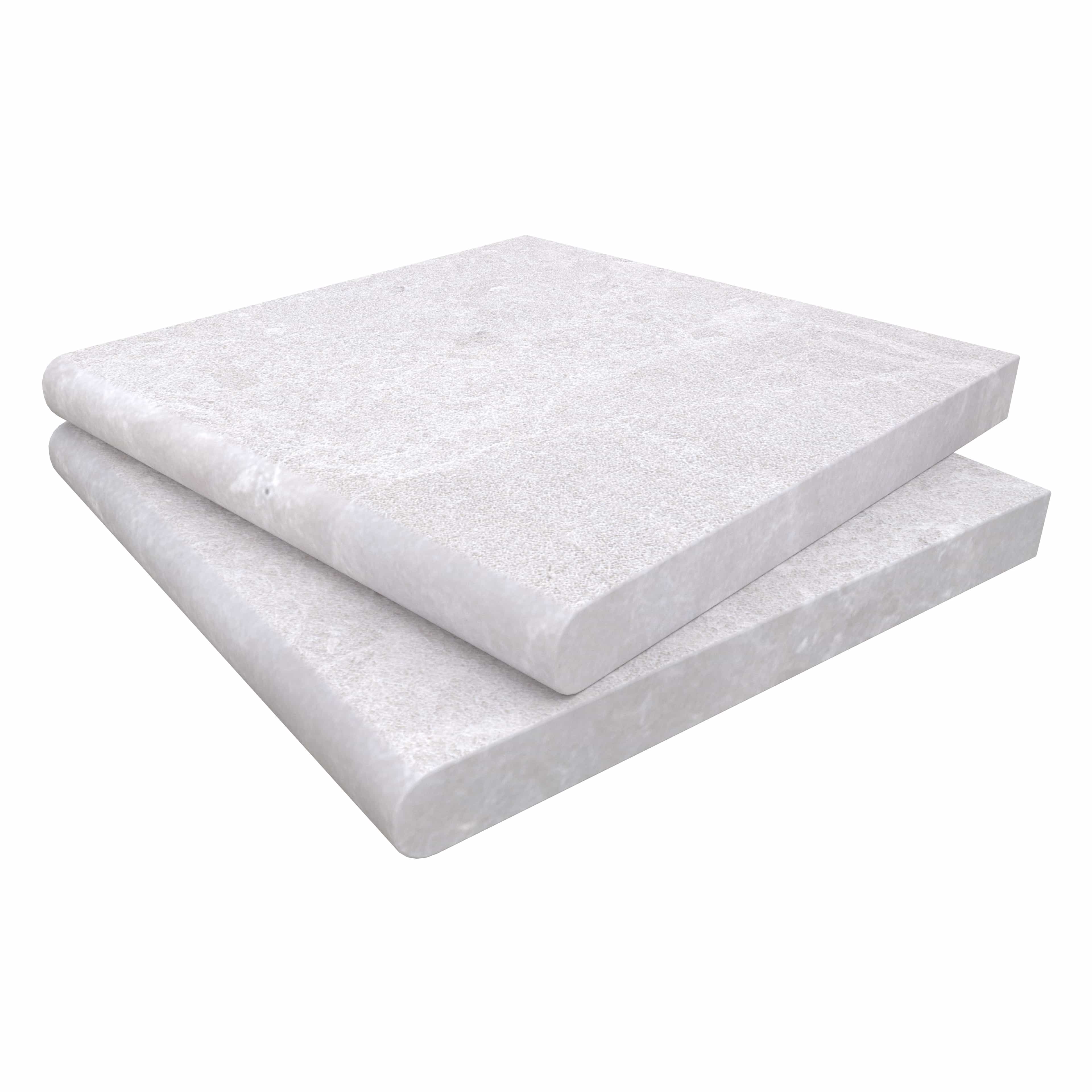 Close-up of the Pera Cream Marble Sand Blasted 12x12x3cm Single Bullnose Coping, showcasing its smooth sandblasted finish and subtle cream veining. Ideal for pool edges and hardscape projects, this premium marble piece offers durability and elegance.