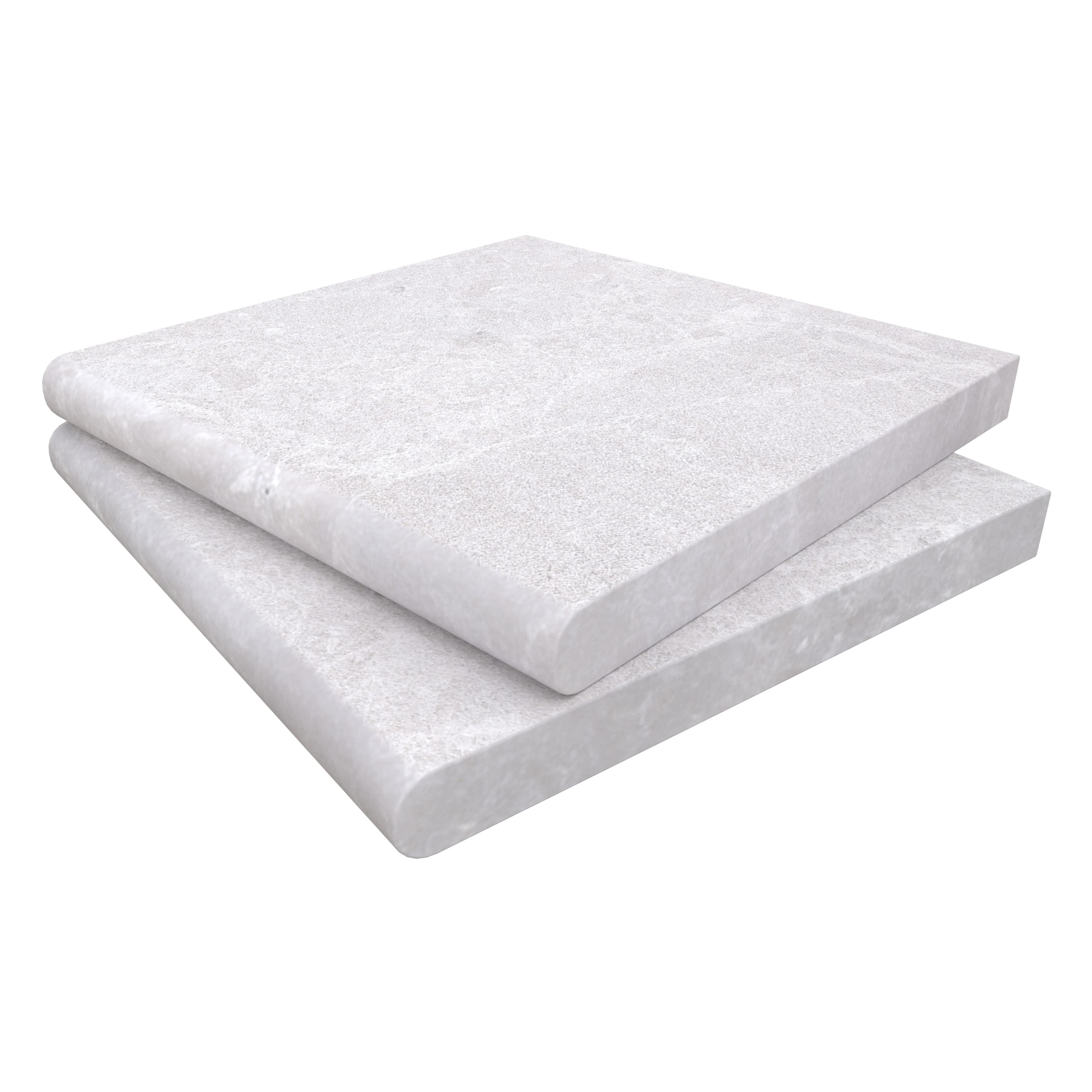 Close-up of the Pera Cream Marble Sand Blasted 12x12x3cm Single Bullnose Coping, showcasing its smooth sandblasted finish and subtle cream veining. Ideal for pool edges and hardscape projects, this premium marble piece offers durability and elegance.