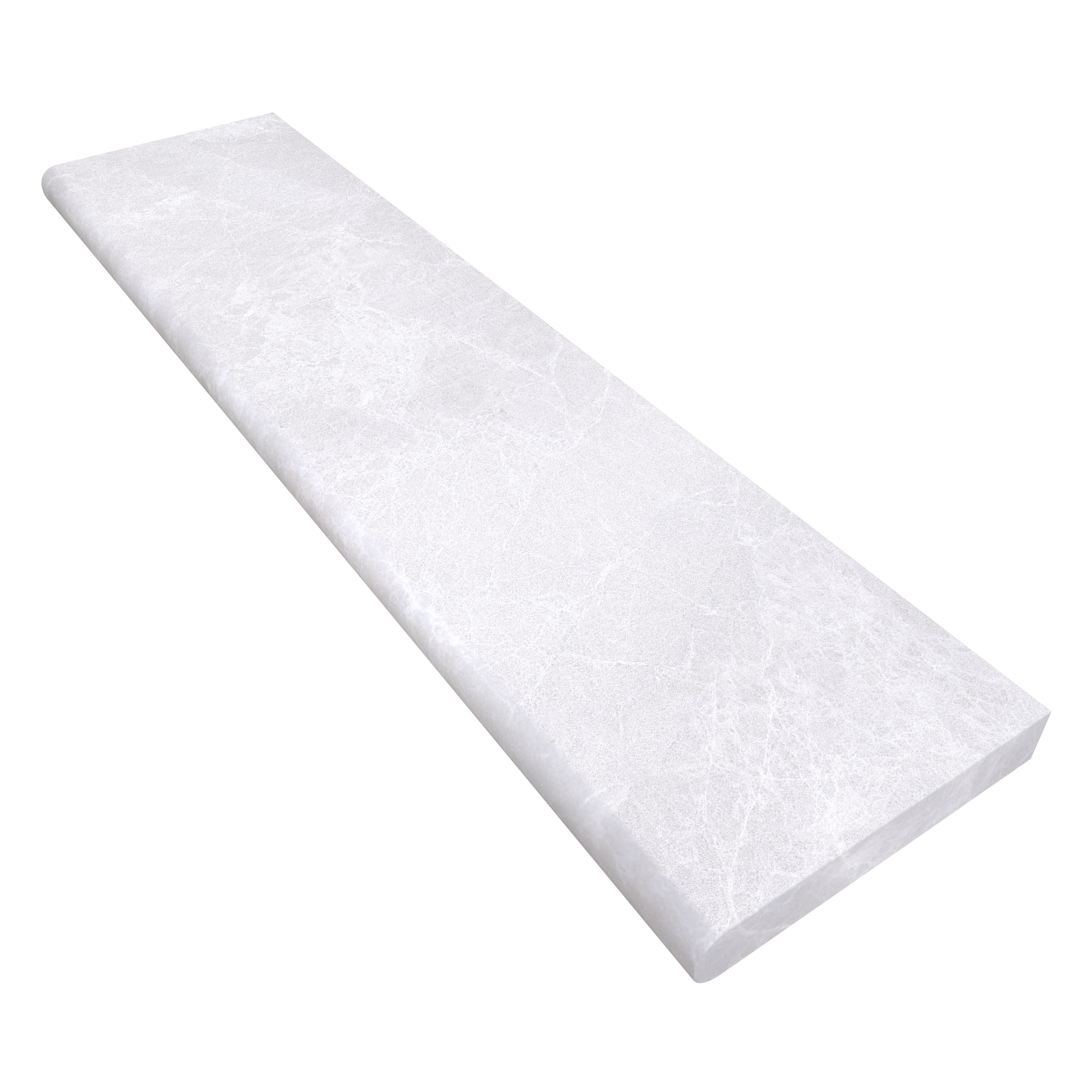 Close-up of the Pera Cream Marble Sand Blasted 12x48x2 Single Bullnose Coping. The marble features a subtle cream tone with a sandblasted texture, highlighting delicate veining. Ideal for pool edges or wall caps, it measures 12x48 inches with a 2-inch ...