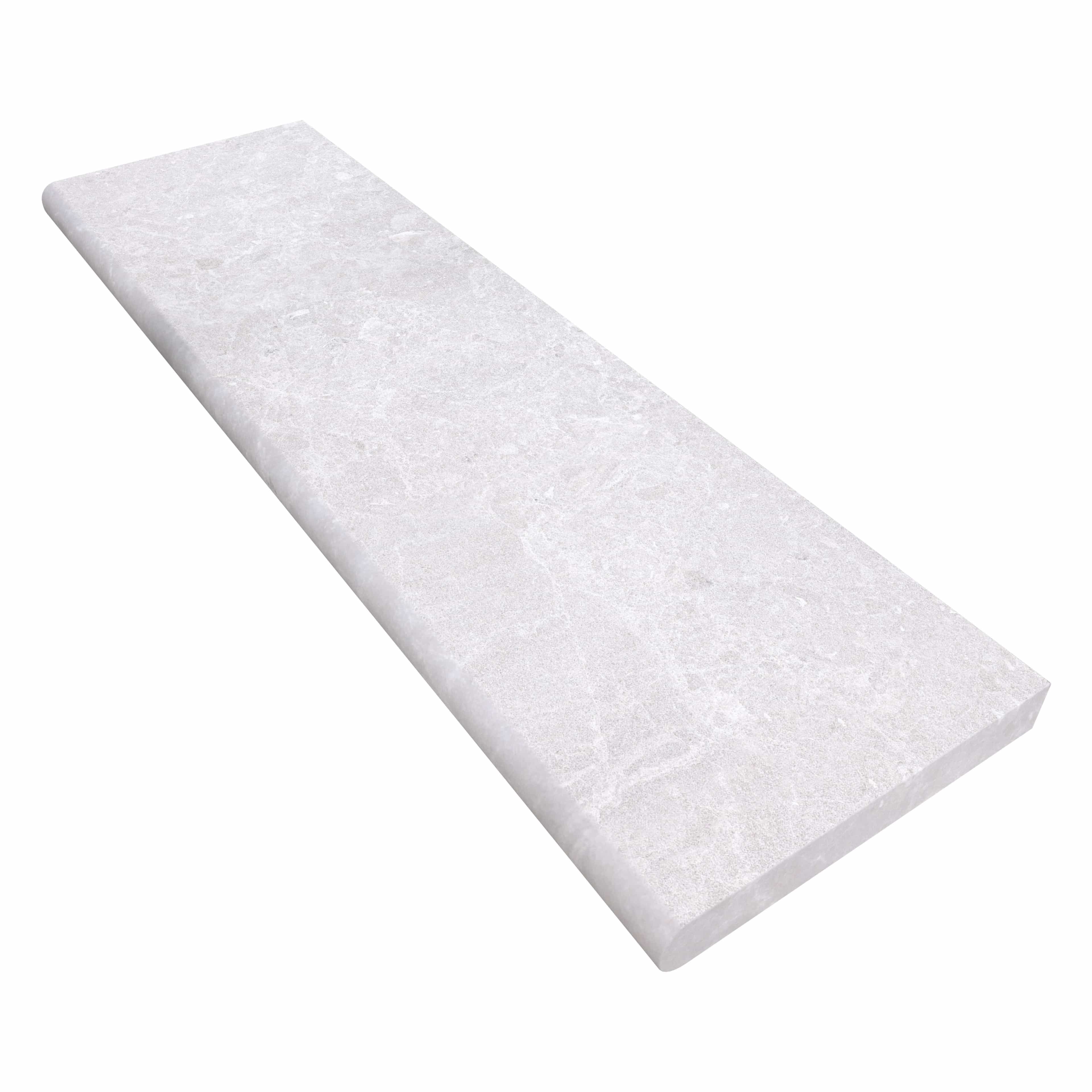 Close-up of the Pera Cream Marble Sand Blasted 14x48x2 Single Bullnose Coping, showcasing its sandblasted texture and soft cream color. Ideal for pool edges or steps, this marble coping offers a sleek finish with its single bullnose profile and durable...