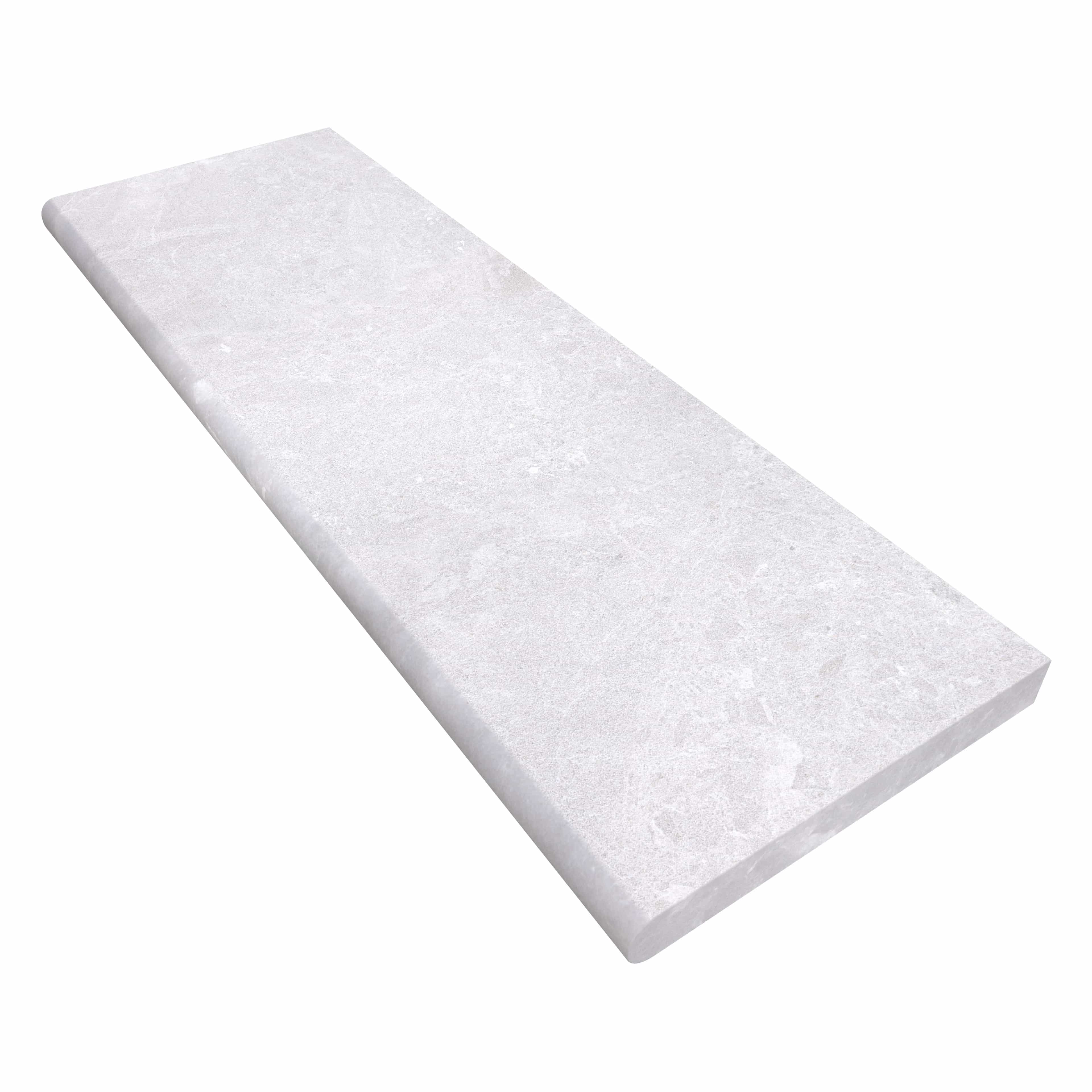 Pera Cream Marble Sand Blasted 16x48x2 Single Bullnose Coping, showcasing a smooth sandblasted marble texture with subtle veining. Ideal for pool edges or wall caps, this premium coping features a modern, seamless design with fewer joints. Perfect for ...
