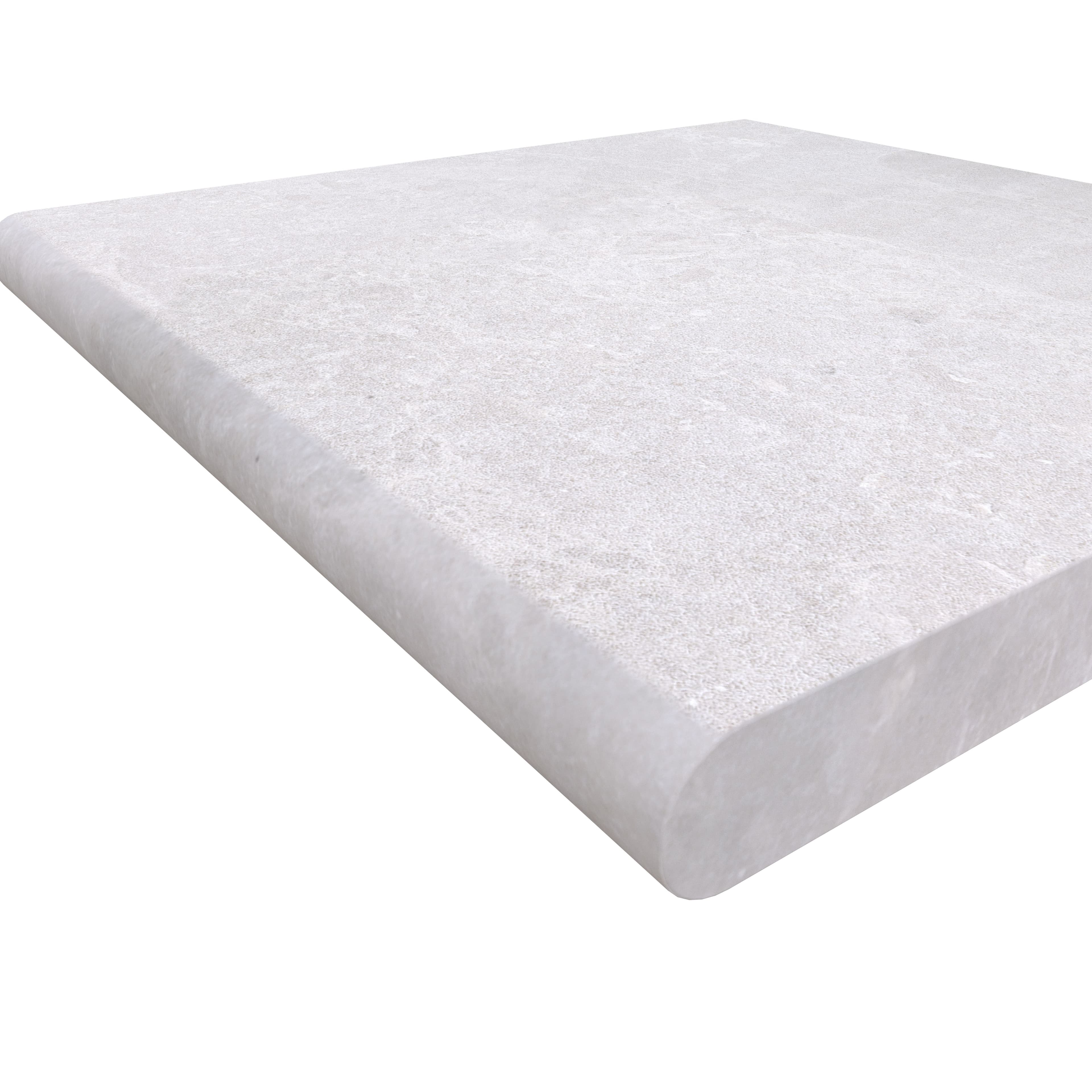 Close-up of the Pera Cream Marble Sand Blasted 24x24x2 Single Bullnose Coping. The image showcases the smooth, sandblasted texture and subtle cream veining. The single bullnose edge highlights the elegant profile, ideal for pool edges and wall caps.