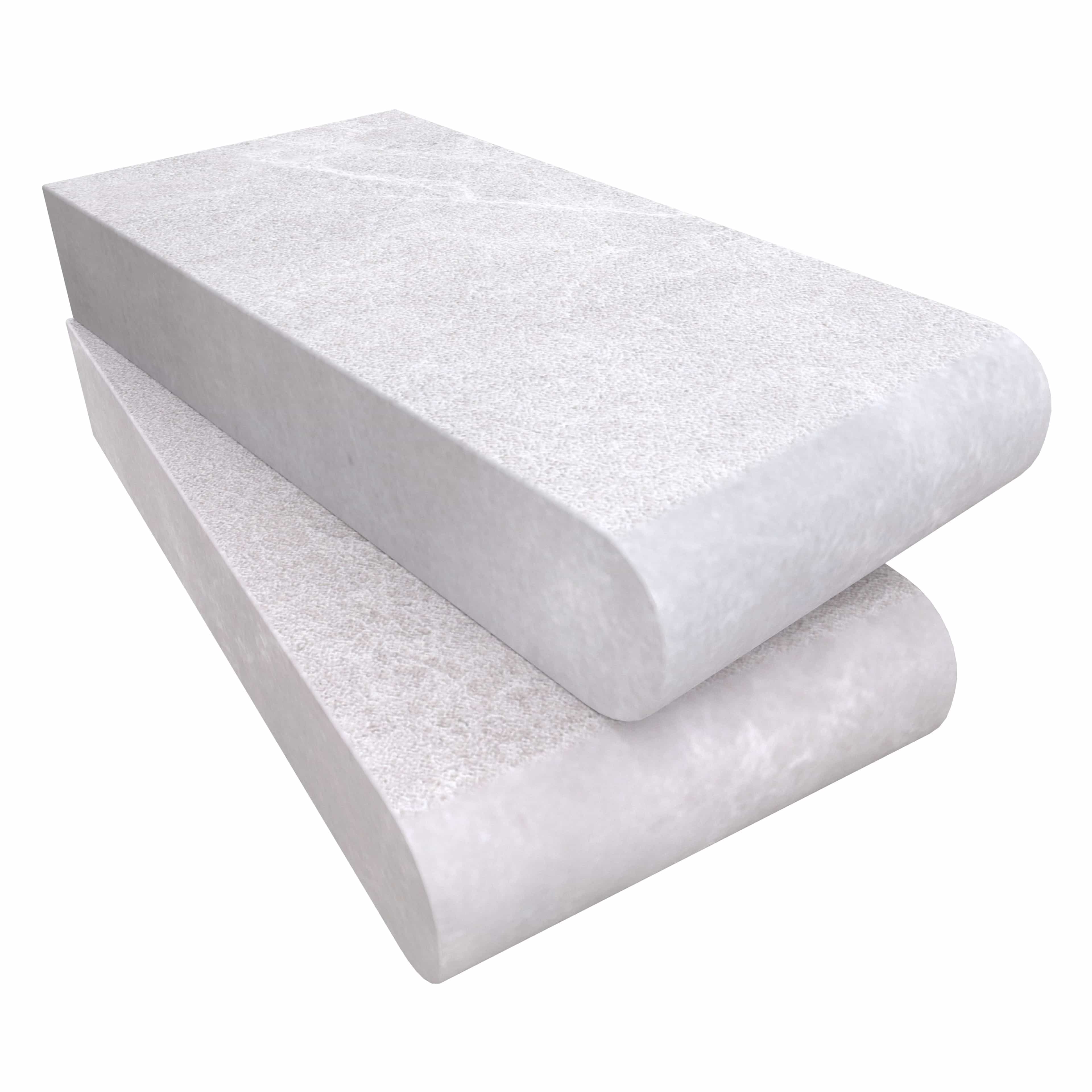 Close-up of Pera Cream Marble Sand Blasted 6x12x2 Single Bullnose Coping by STONELUX. The marble features a textured sandblasted finish in soft cream tones, highlighting its subtle veining. Ideal for pool edges, wall caps, and steps. SKU: COP-PERCREMAR...