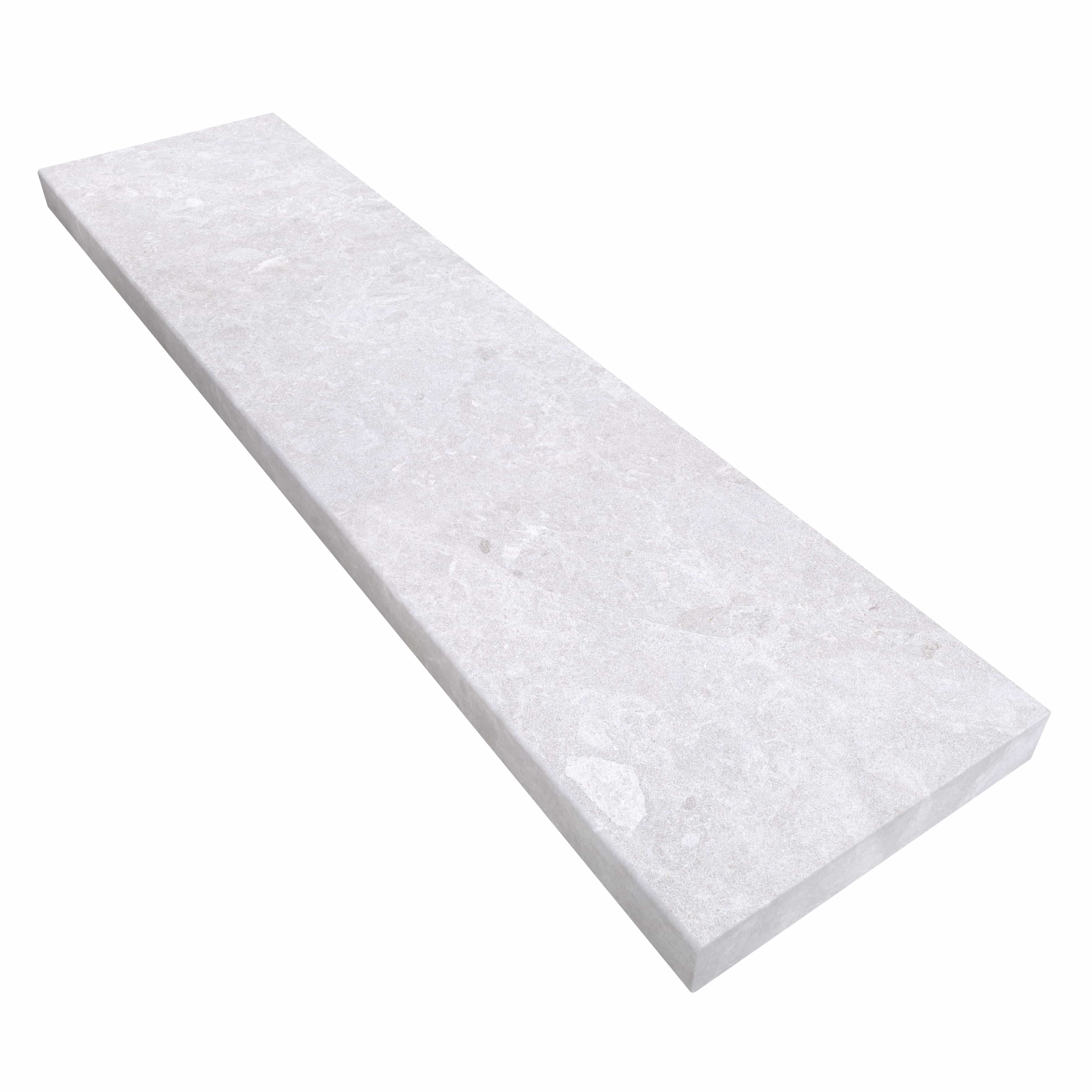 Close-up of Pera Cream Marble Sand Blasted 12x48x2 Eased Edge Coping. The marble's smooth, sandblasted finish showcases subtle cream hues and natural veining, ideal for elegant pool edges or wall caps. Premium quality by STONELUX.