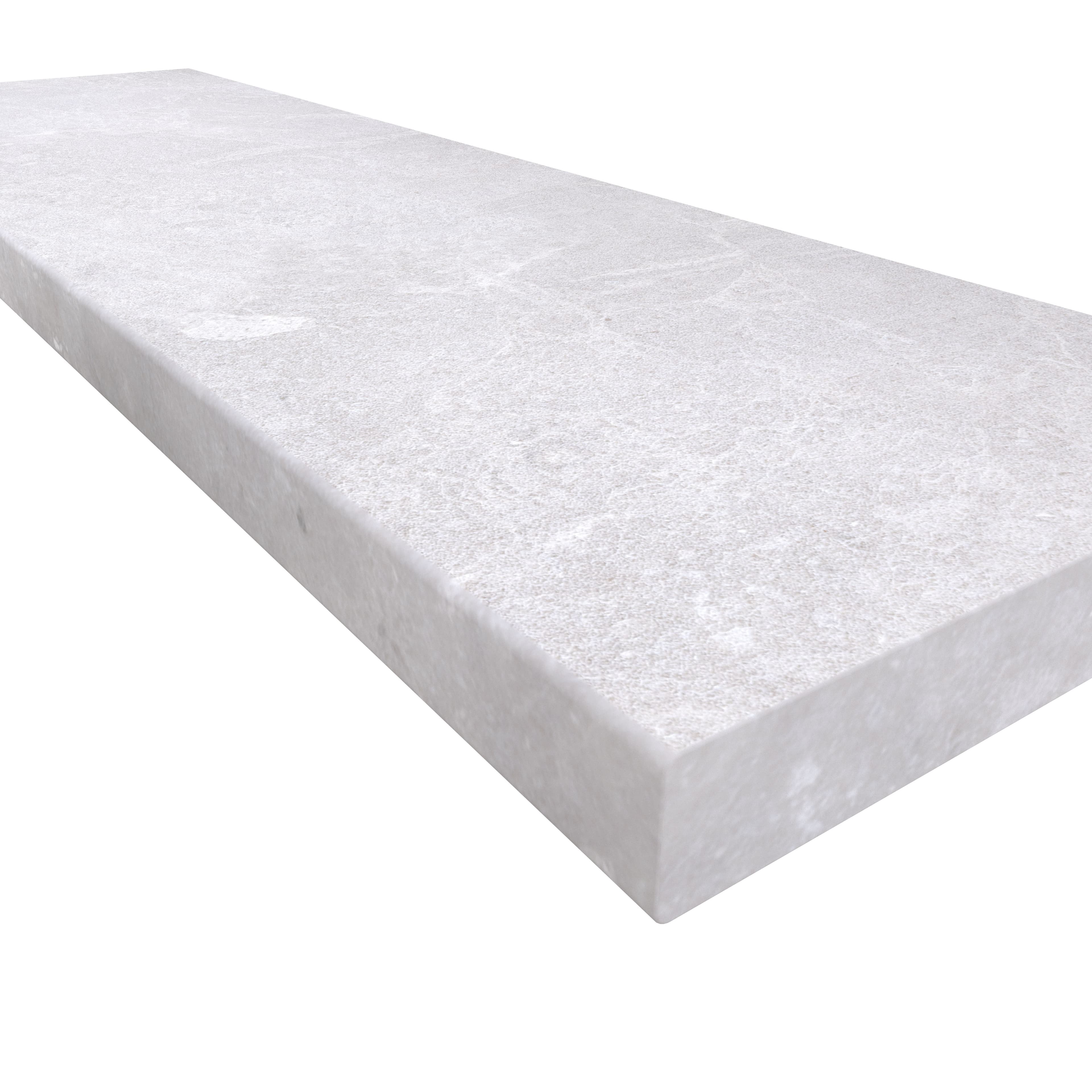 Close-up image of the Pera Cream Marble Sand Blasted 14x48x2 Eased Edge Coping. The marble features a sandblasted finish with subtle cream tones and gentle veining. The 2-inch thickness and eased edge profile provide a sleek, modern look ideal for pool...