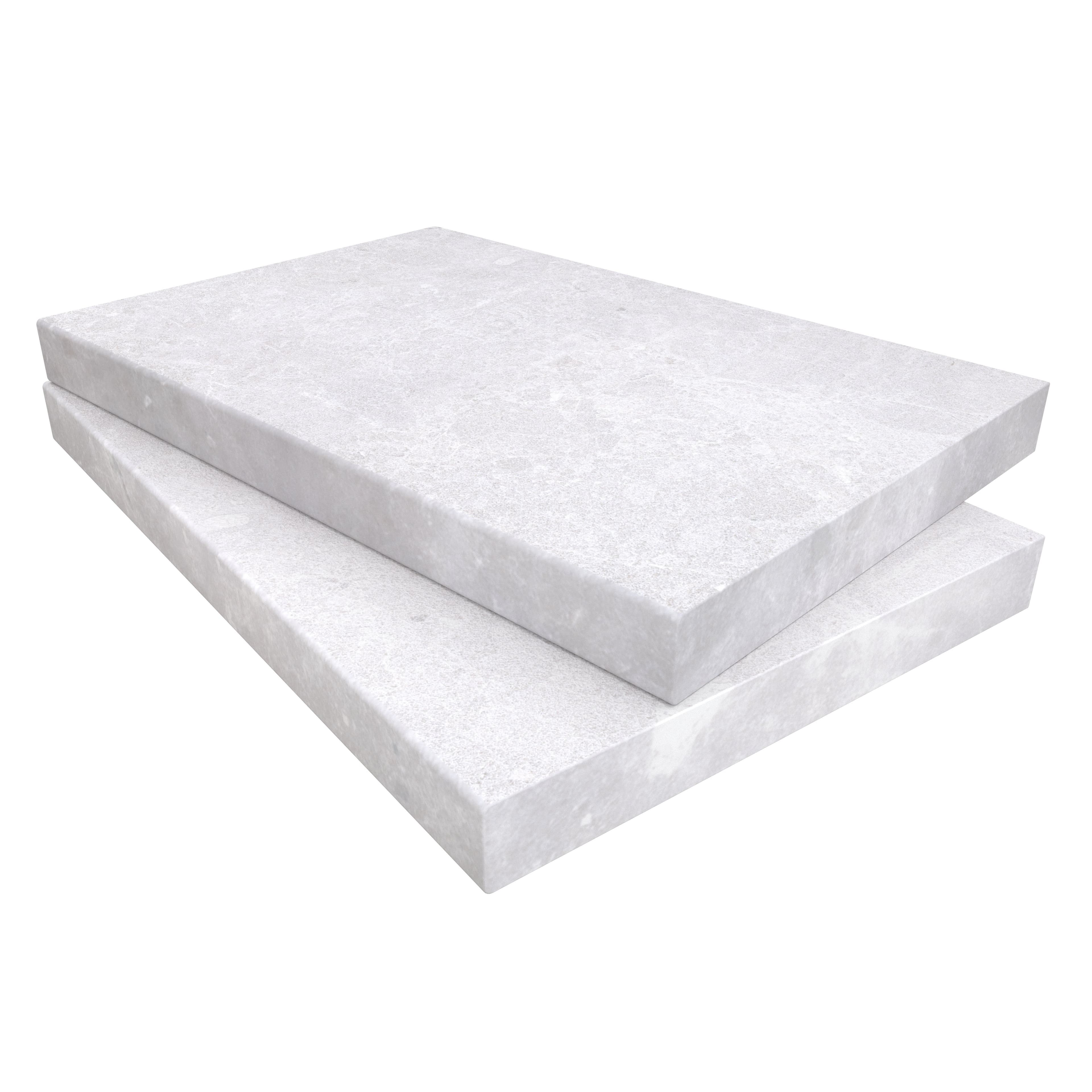 Close-up of the Pera Cream Marble Sand Blasted 16x24x2 Eased Edge Coping by STONELUX. The marble features a subtle cream hue with a sandblasted finish, showcasing a smooth texture and eased edges, ideal for pool edges or wall caps.