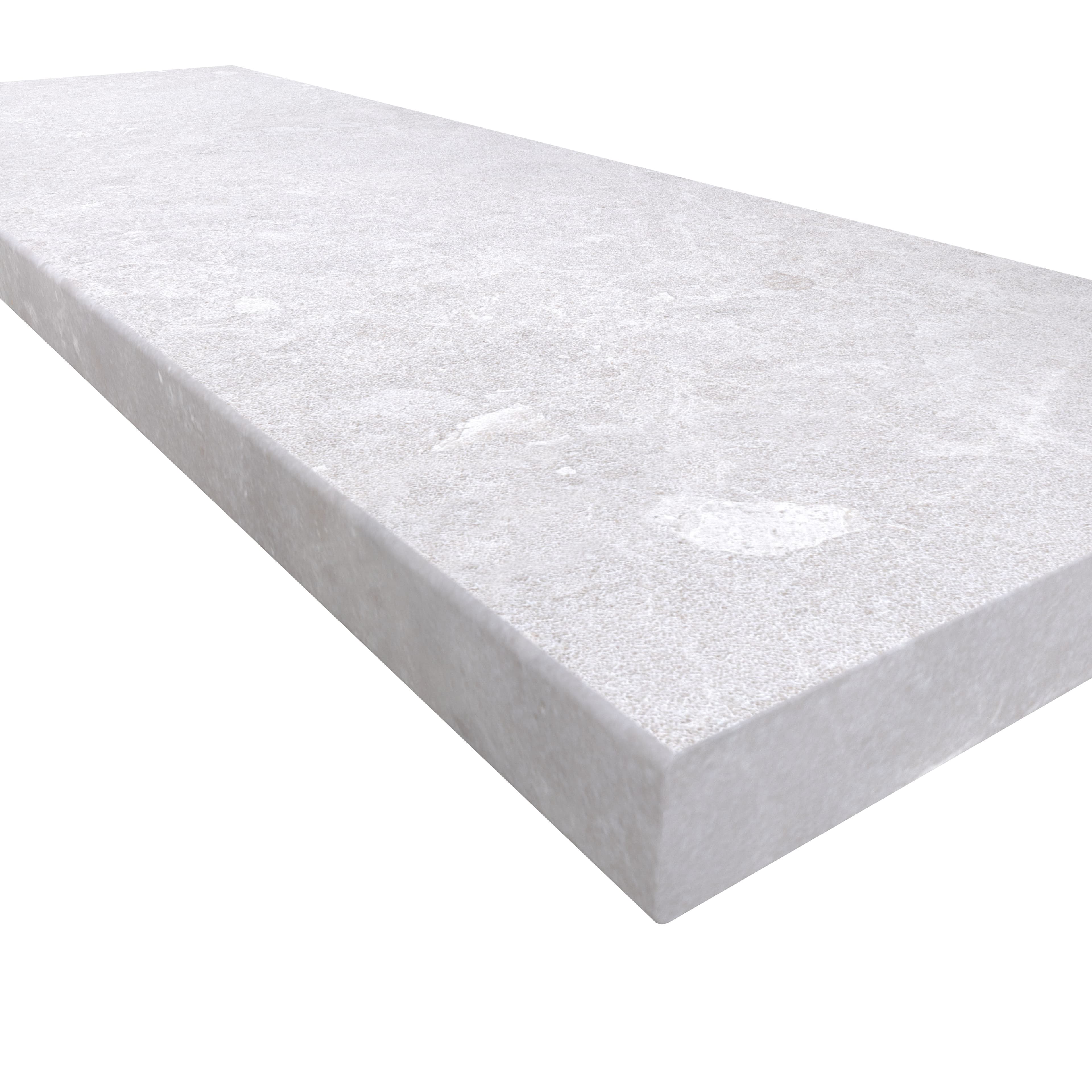 Close-up of Pera Cream Marble Sand Blasted 16x48x2 Eased Edge Coping. Features a textured sandblasted finish with subtle cream tones and natural veining. Ideal for pool edges and wall caps. SKU: COP-PERCREMAR-SB-16x48x2-SE.