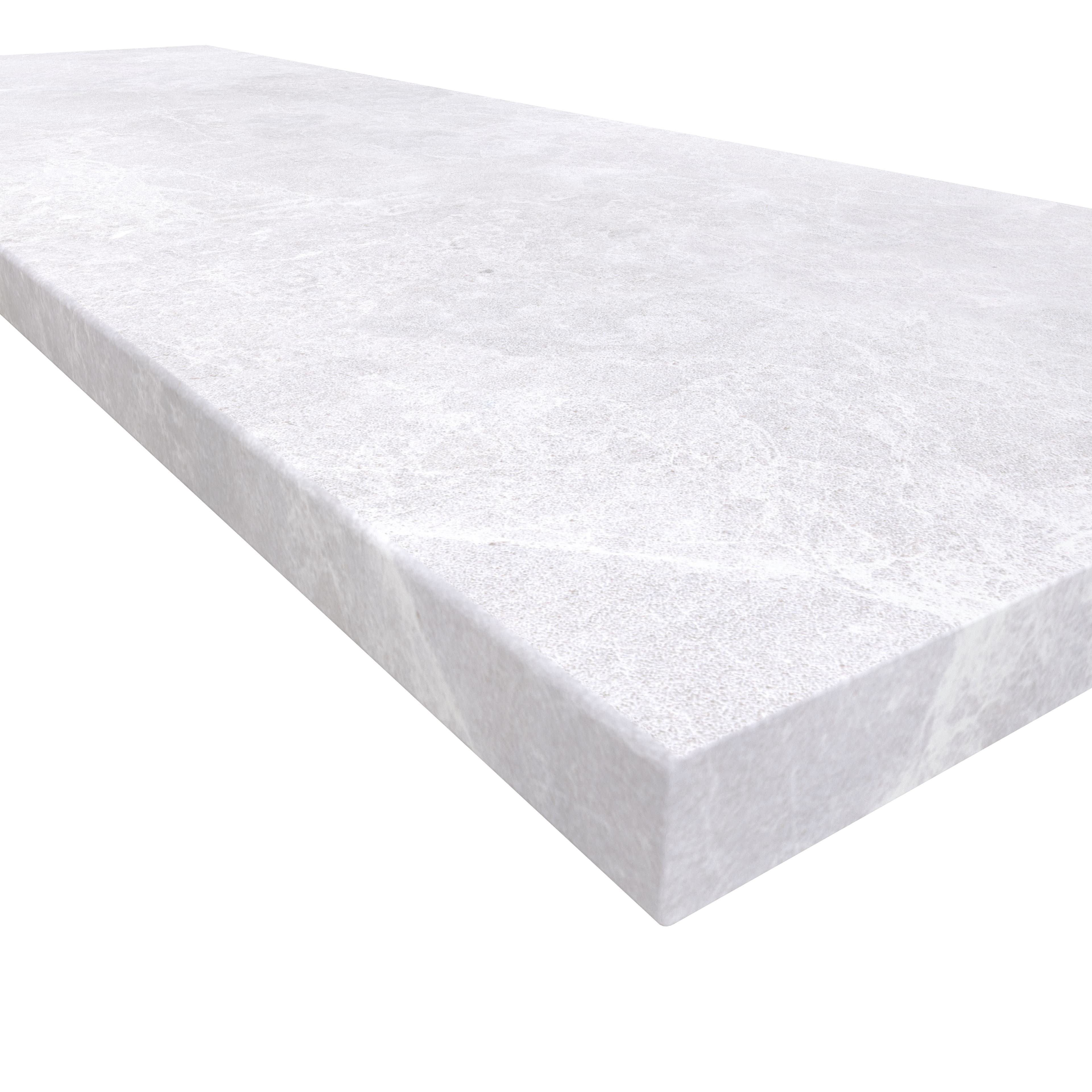 Close-up of Pera Cream Marble Sand Blasted 24x72x2 Eased Edge Tread. The marble's sandblasted surface reveals a subtle, creamy texture with soft veining. Highlighting the eased edge profile, this piece is ideal for pool coping or wall caps.