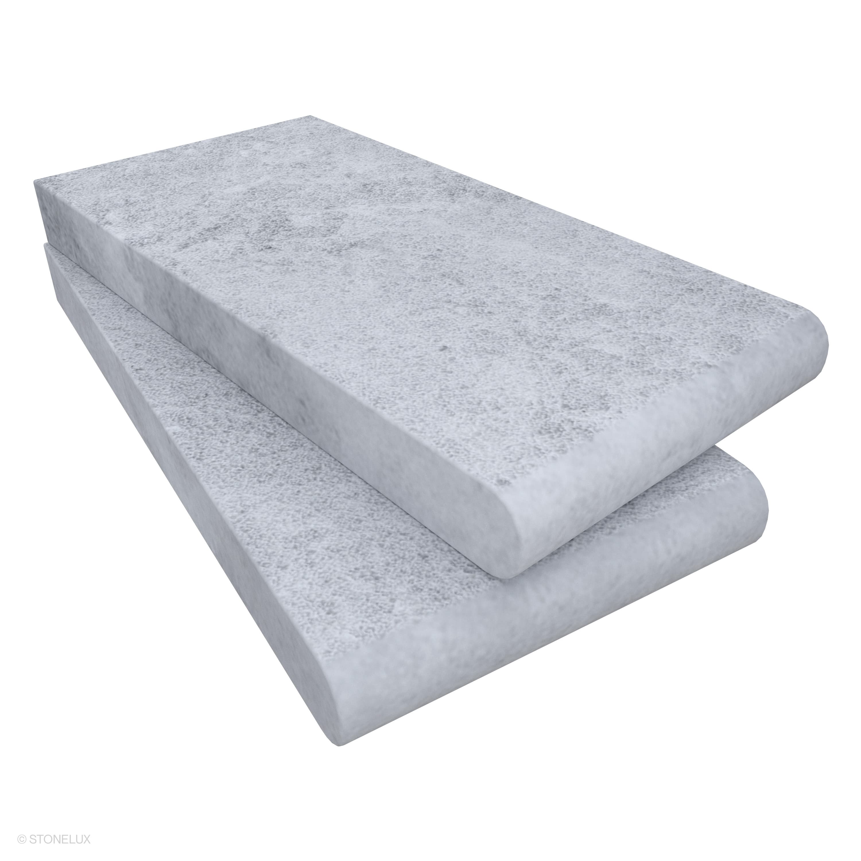 Close-up of Tundra Grey Marble Sand Blasted 6x12x3cm Single Bullnose Coping by STONELUX. The marble features a sandblasted finish with subtle grey veining, ideal for pool edges and steps. Durable design with 1-3/16" thickness enhances hardscape elegance.