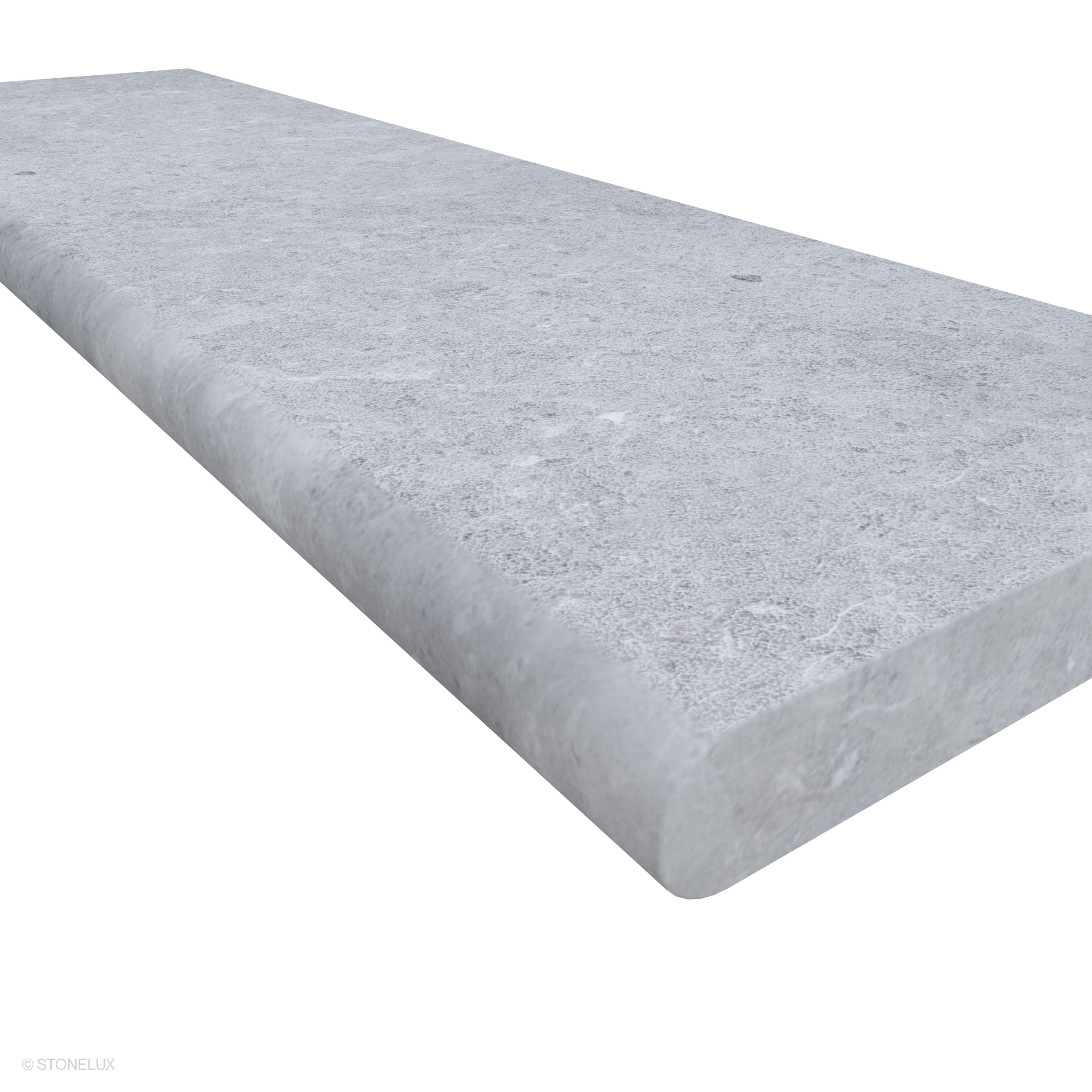 Close-up view of Tundra Grey Marble Sand Blasted 14x48x2 Single Bullnose Coping. The marble features a smooth sandblasted texture with subtle grey tones and natural veining. The single bullnose edge provides a refined finish, perfect for pool and wall ...